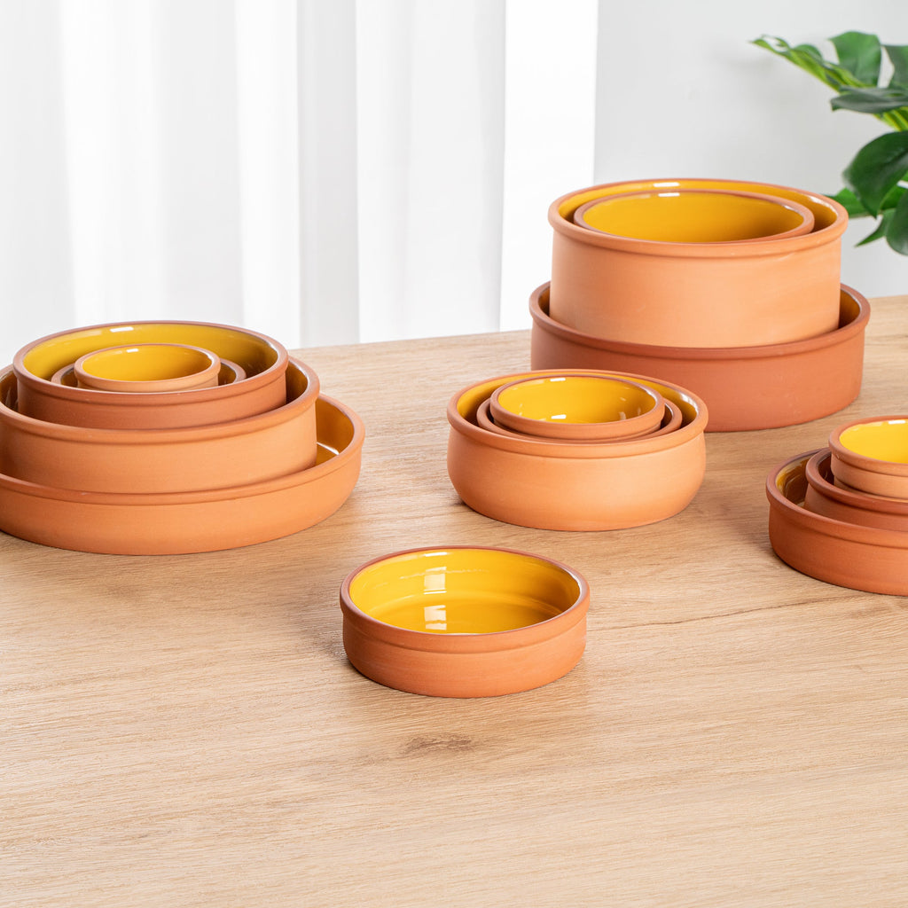 Terra Tek 9 oz Terracotta Cazuela Bowl - Yellow Glazed Interior, Oven-Safe, Microwave-Safe - 5'' x 5'' x 1 1/4'' - 10 count box