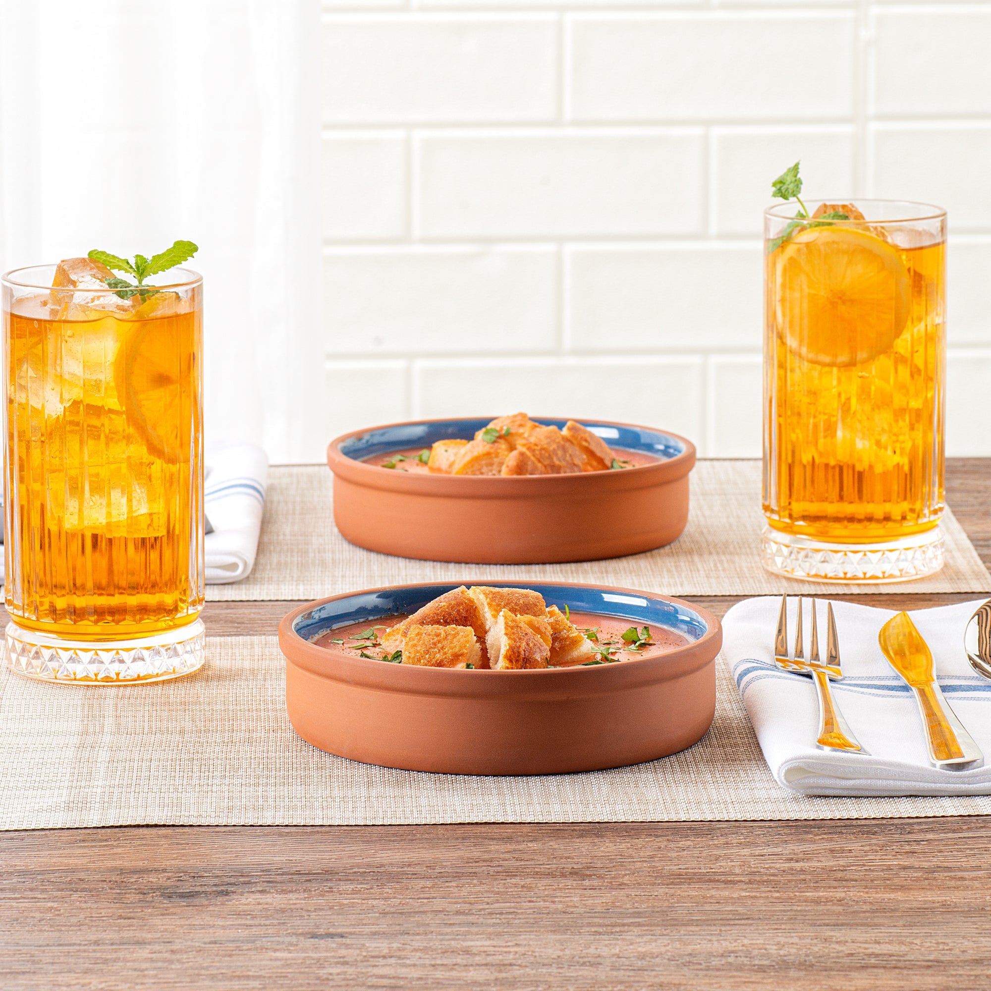 Terra Tek 15 oz Terracotta Cazuela Bowl - Blue Glazed Interior, Oven-Safe, Microwave-Safe - 6 1/4" x 6 1/4" x 1 1/2" - 10 count box