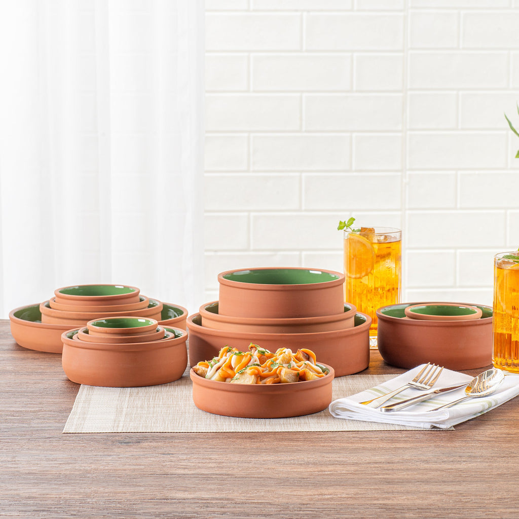 Terra Tek 15 oz Terracotta Cazuela Bowl - Green Glazed Interior, Oven-Safe, Microwave-Safe - 6 1/4" x 6 1/4" x 1 1/2" - 2 count box