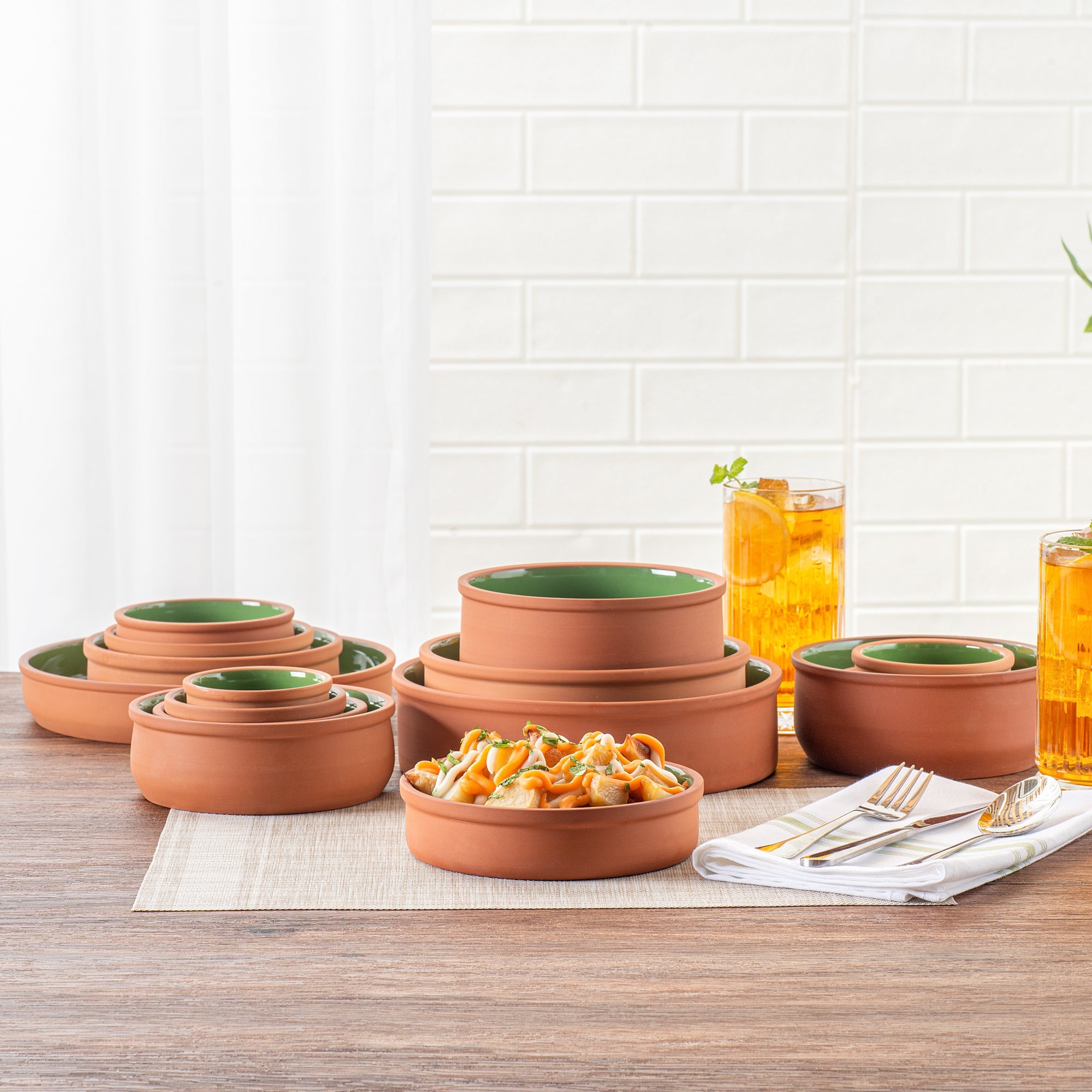 Terra Tek 15 oz Terracotta Cazuela Bowl - Green Glazed Interior, Oven-Safe, Microwave-Safe - 6 1/4" x 6 1/4" x 1 1/2" - 2 count box