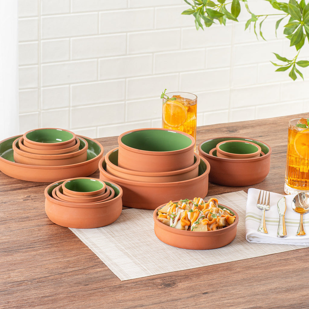 Terra Tek 15 oz Terracotta Cazuela Bowl - Green Glazed Interior, Oven-Safe, Microwave-Safe - 6 1/4" x 6 1/4" x 1 1/2" - 2 count box
