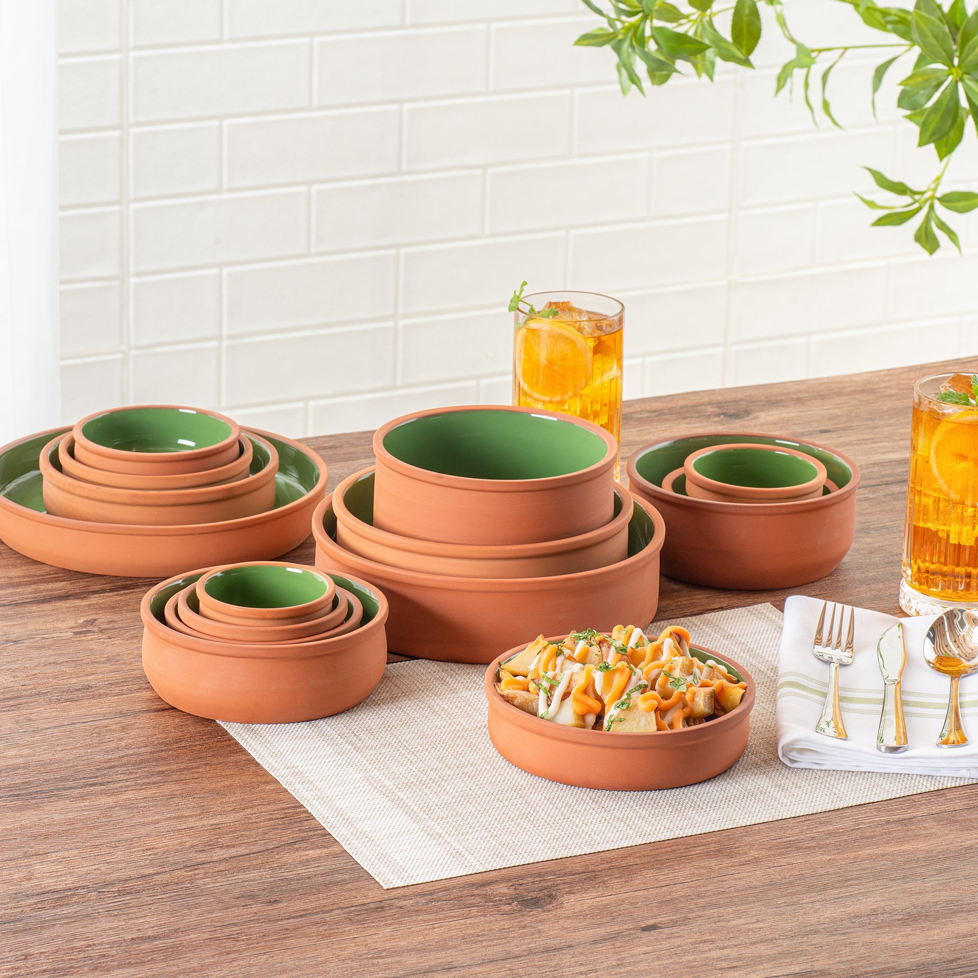 Terra Tek 15 oz Terracotta Cazuela Bowl - Green Glazed Interior, Oven-Safe, Microwave-Safe - 6 1/4" x 6 1/4" x 1 1/2" - 10 count box