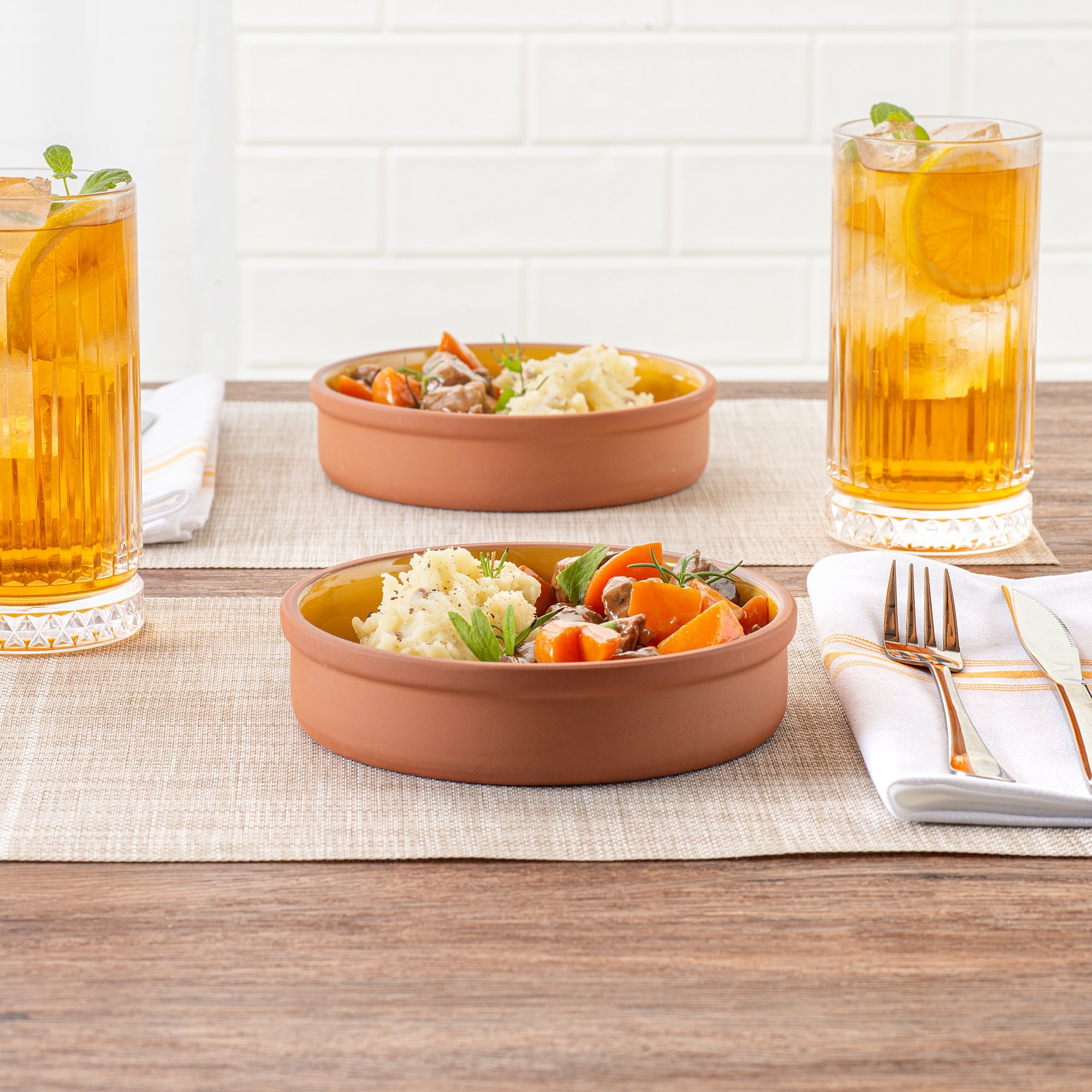 Terra Tek 15 oz Terracotta Cazuela Bowl - Yellow Glazed Interior, Oven-Safe, Microwave-Safe - 6 1/4" x 6 1/4" x 1 1/2" - 2 count box