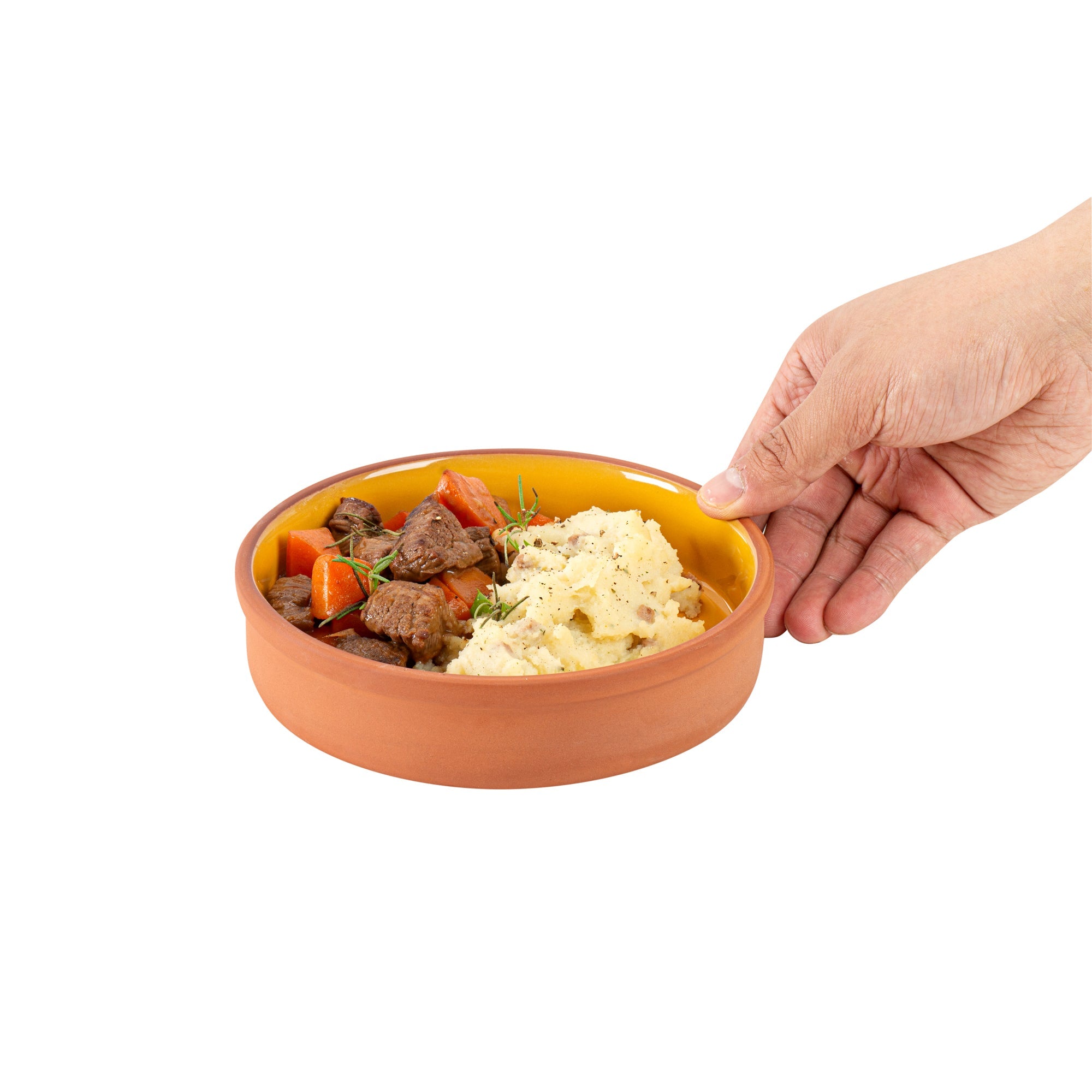 Terra Tek 15 oz Terracotta Cazuela Bowl - Yellow Glazed Interior, Oven-Safe, Microwave-Safe - 6 1/4" x 6 1/4" x 1 1/2" - 10 count box