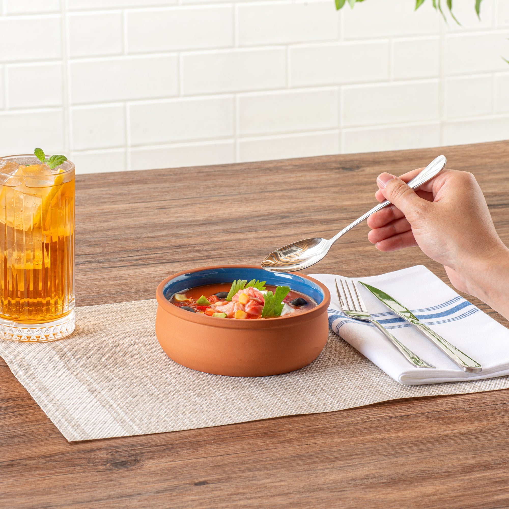 Terra Tek 17 oz Terracotta Cazuela Bowl - Blue Glazed Interior, Oven-Safe, Microwave-Safe - 5 3/4" x 5 3/4" x 2" - 2 count box