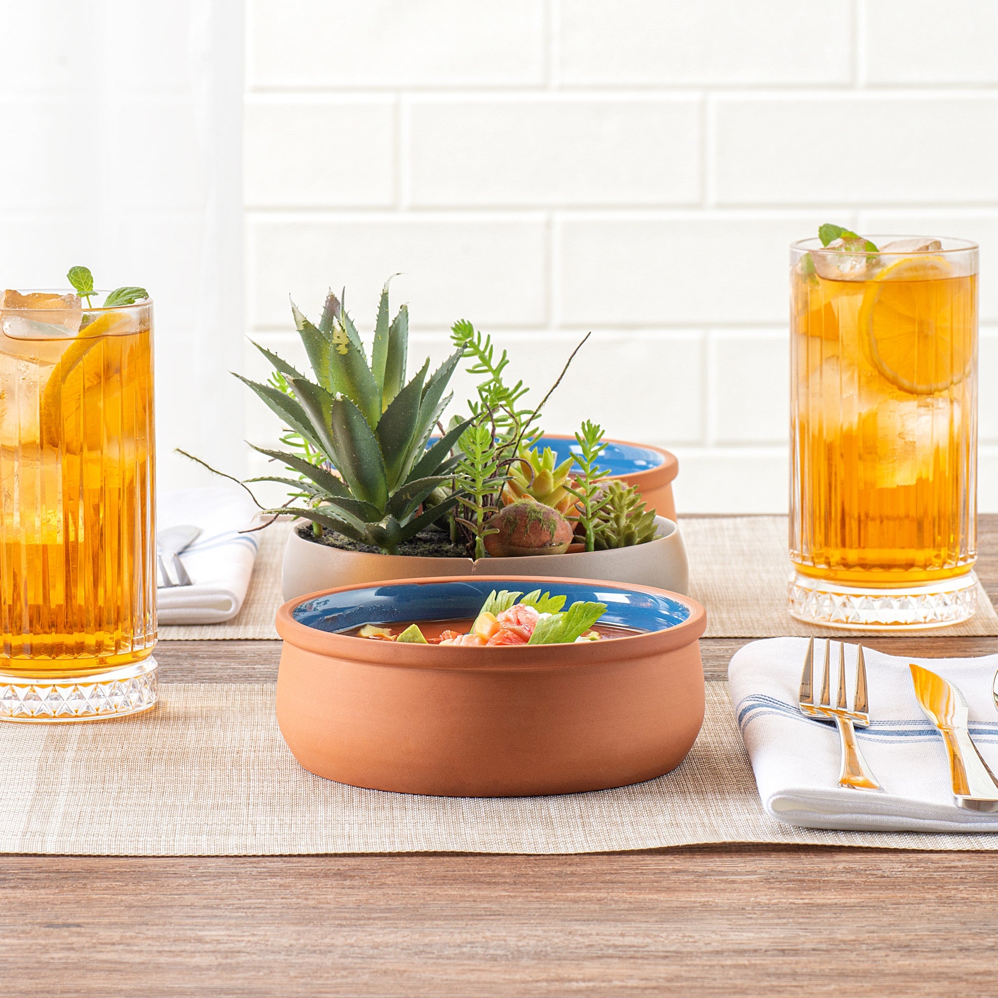 Terra Tek 17 oz Terracotta Cazuela Bowl - Blue Glazed Interior, Oven-Safe, Microwave-Safe - 5 3/4" x 5 3/4" x 2" - 2 count box