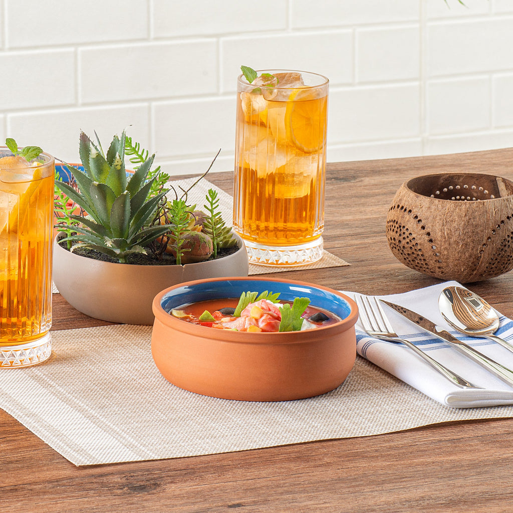 Terra Tek 17 oz Terracotta Cazuela Bowl - Blue Glazed Interior, Oven-Safe, Microwave-Safe - 5 3/4" x 5 3/4" x 2" - 2 count box