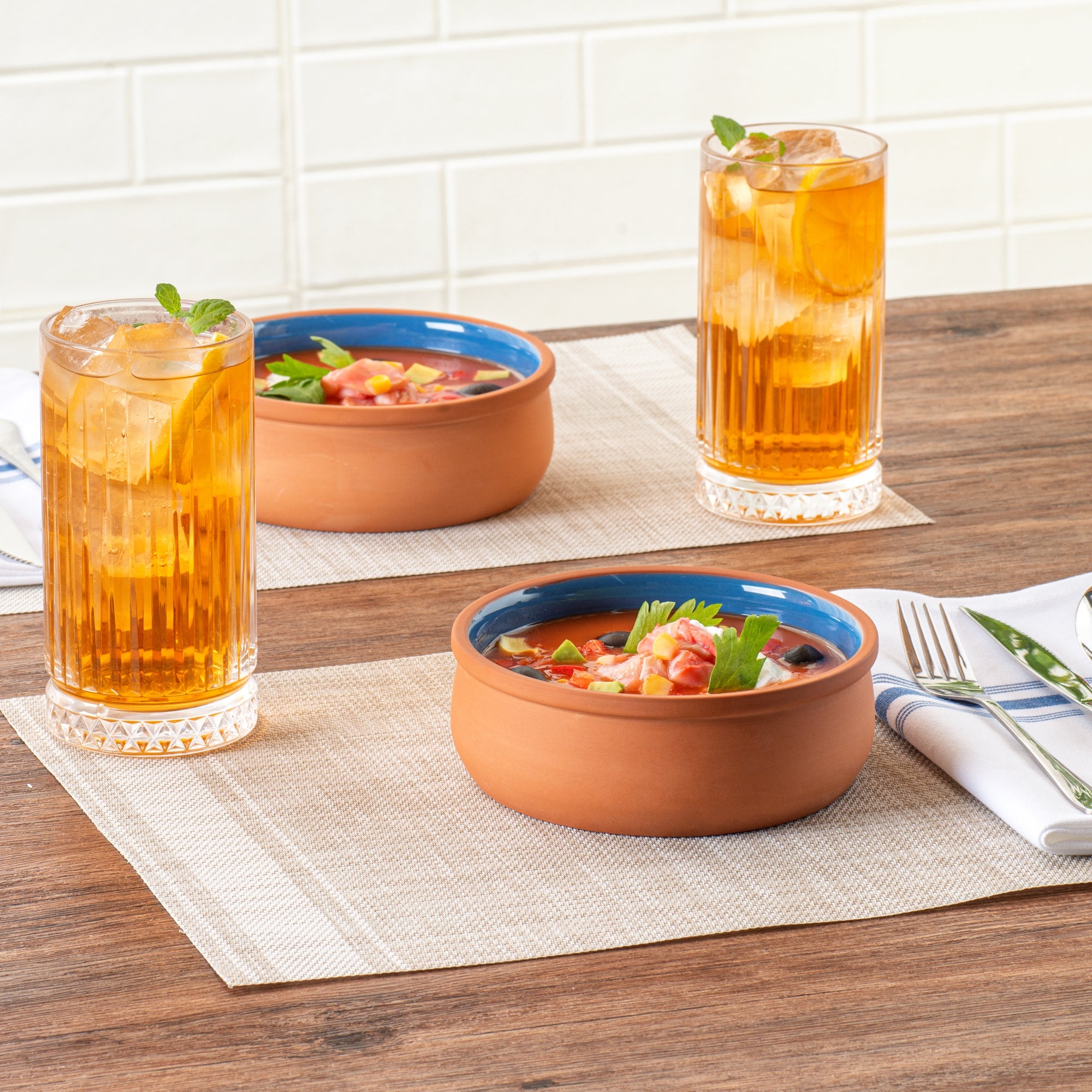 Terra Tek 17 oz Terracotta Cazuela Bowl - Blue Glazed Interior, Oven-Safe, Microwave-Safe - 5 3/4" x 5 3/4" x 2" - 10 count box