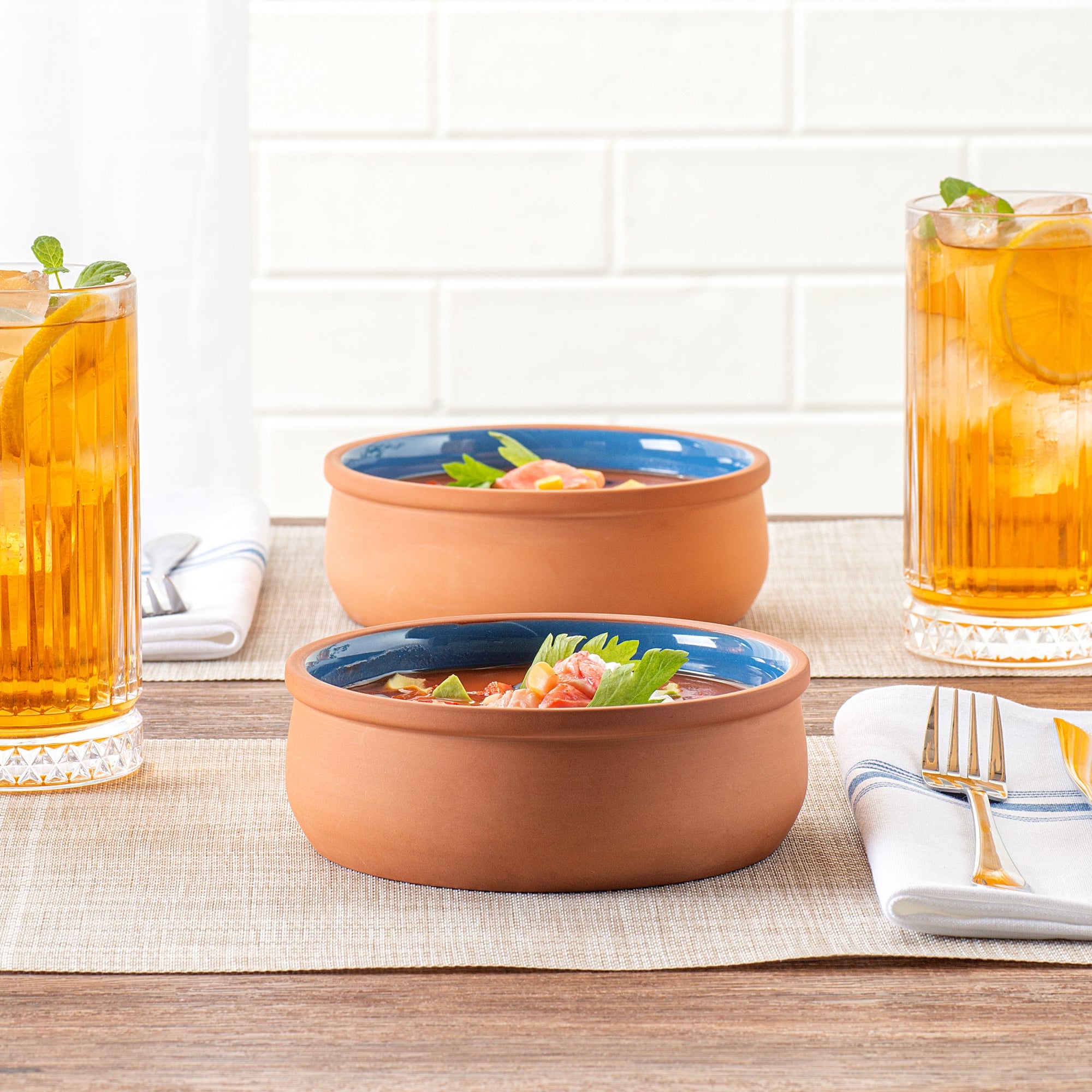 Terra Tek 17 oz Terracotta Cazuela Bowl - Blue Glazed Interior, Oven-Safe, Microwave-Safe - 5 3/4" x 5 3/4" x 2" - 10 count box
