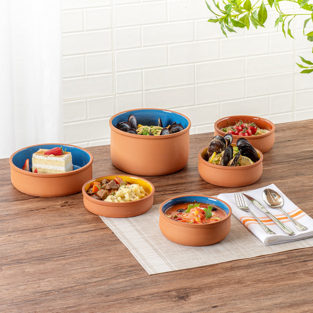 Terra Tek 17 oz Terracotta Cazuela Bowl - Blue Glazed Interior, Oven-Safe, Microwave-Safe - 5 3/4" x 5 3/4" x 2" - 10 count box