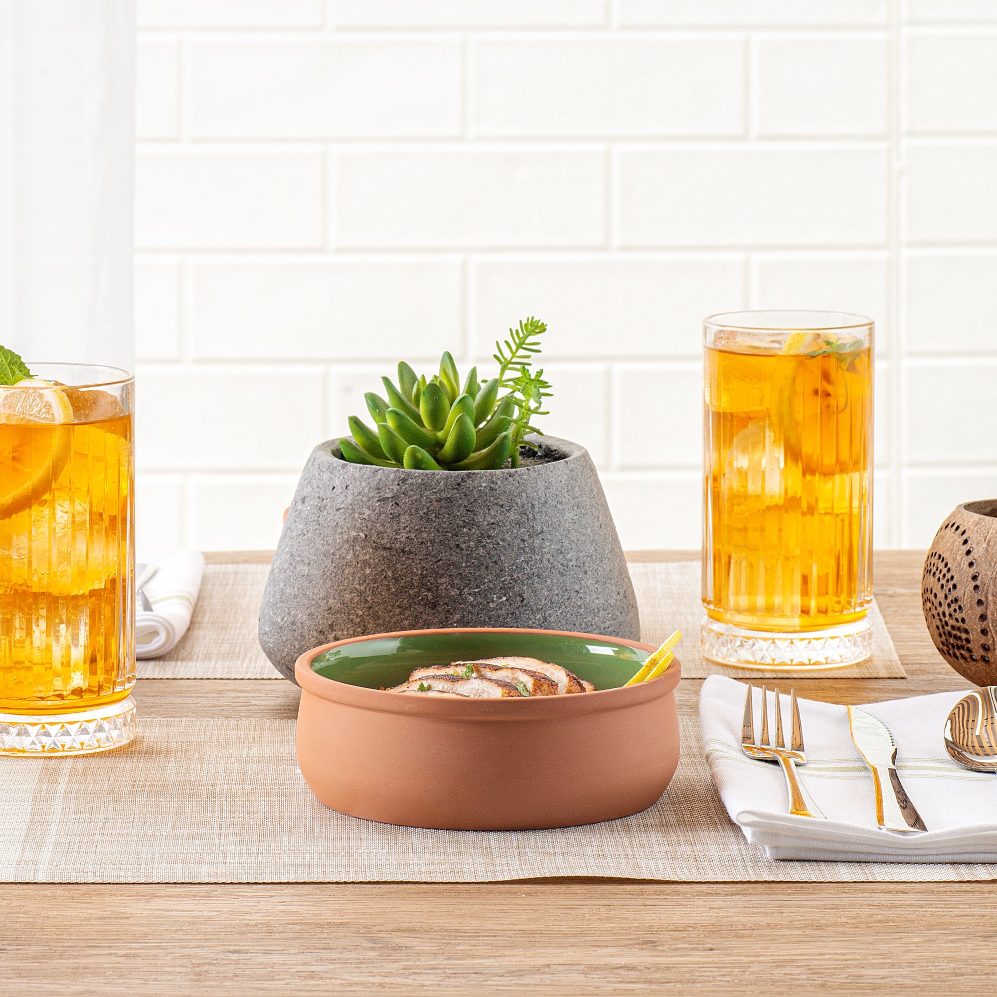 Terra Tek 17 oz Terracotta Cazuela Bowl - Green Glazed Interior, Oven-Safe, Microwave-Safe - 5 3/4" x 5 3/4" x 2" - 2 count box