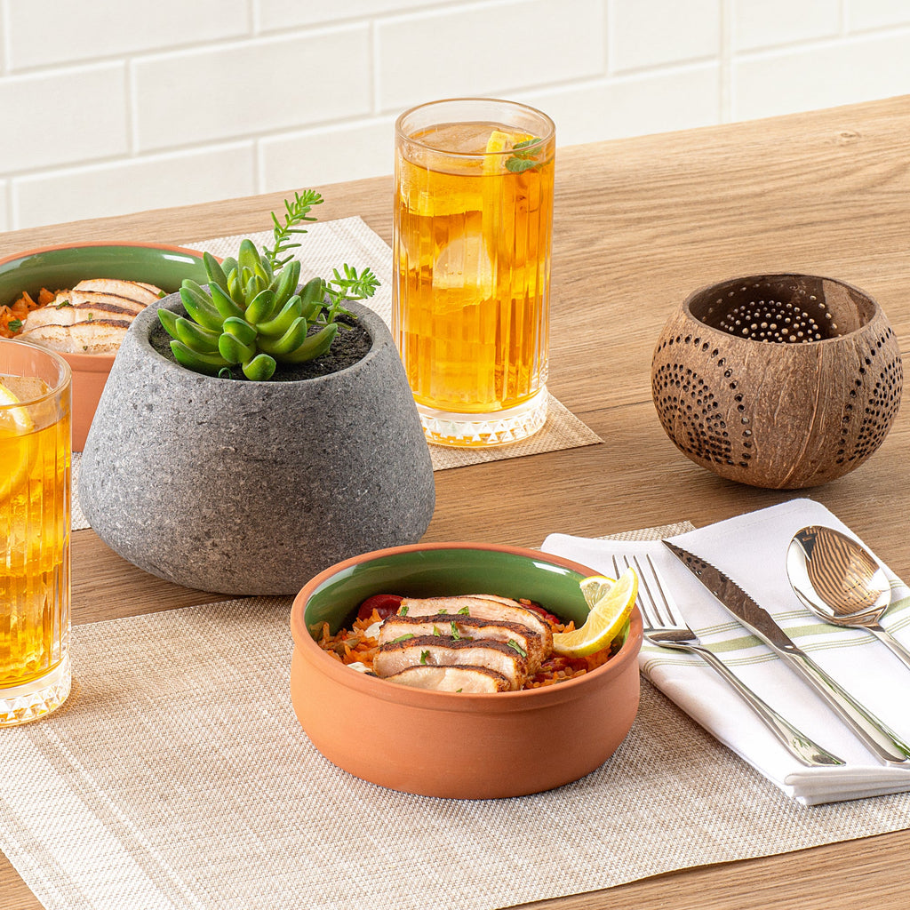 Terra Tek 17 oz Terracotta Cazuela Bowl - Green Glazed Interior, Oven-Safe, Microwave-Safe - 5 3/4" x 5 3/4" x 2" - 10 count box