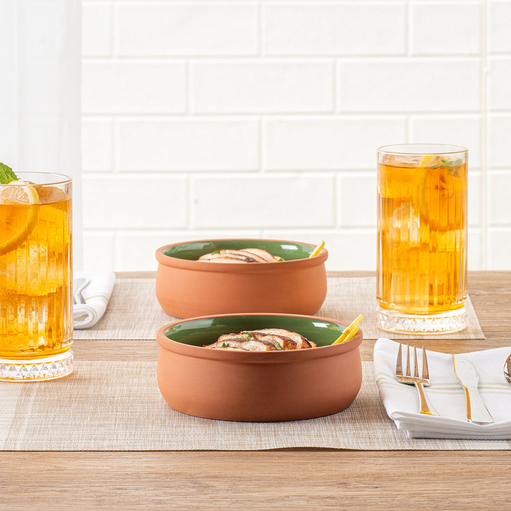 Terra Tek 17 oz Terracotta Cazuela Bowl - Green Glazed Interior, Oven-Safe, Microwave-Safe - 5 3/4" x 5 3/4" x 2" - 10 count box