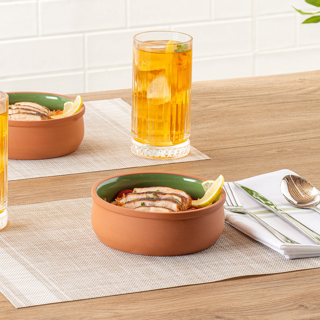 Terra Tek 17 oz Terracotta Cazuela Bowl - Green Glazed Interior, Oven-Safe, Microwave-Safe - 5 3/4" x 5 3/4" x 2" - 10 count box