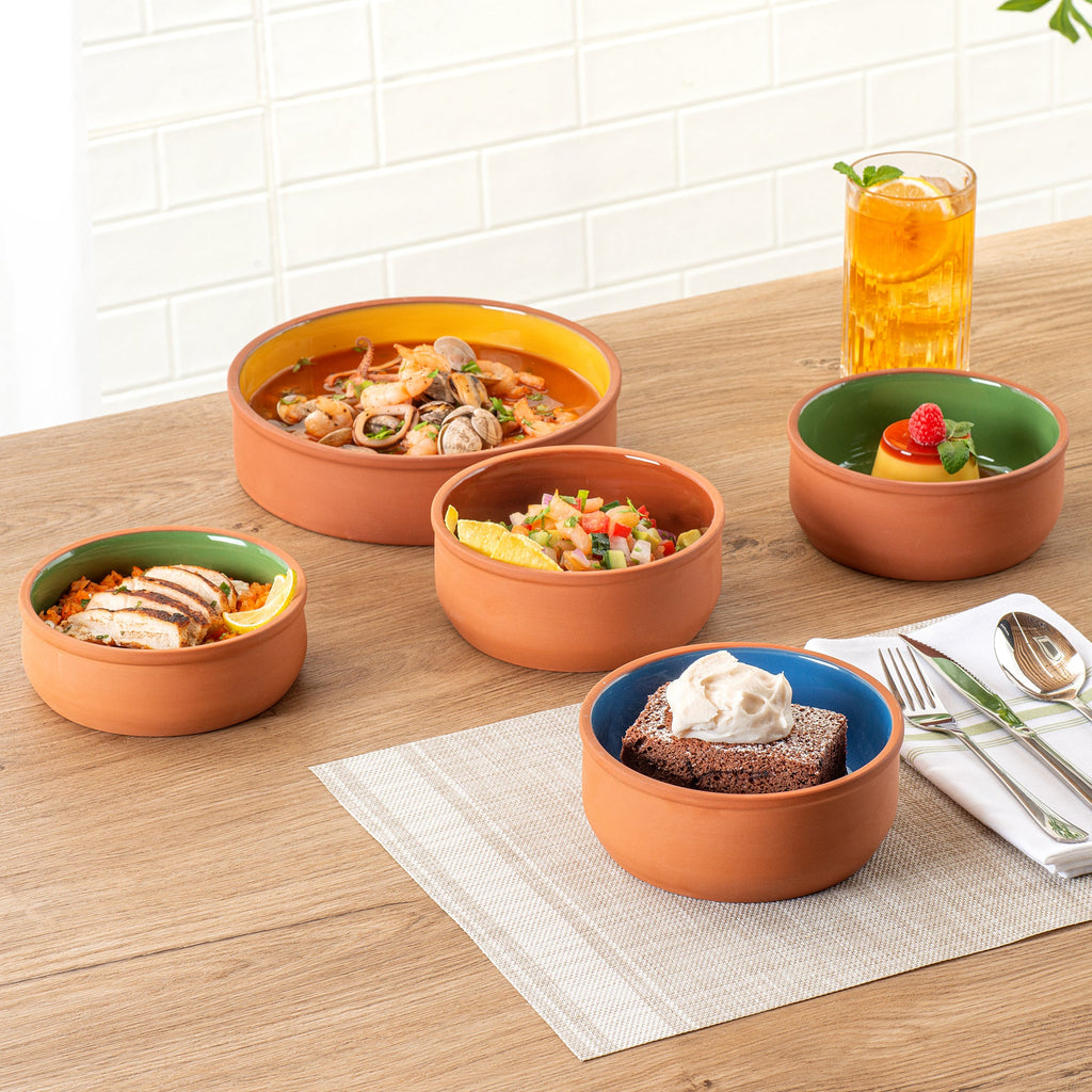 Terra Tek 27 oz Terracotta Cazuela Bowl - Blue Glazed Interior, Oven-Safe, Microwave-Safe - 6 1/4'' x 6 1/4'' x 2 1/2'' - 2 count box