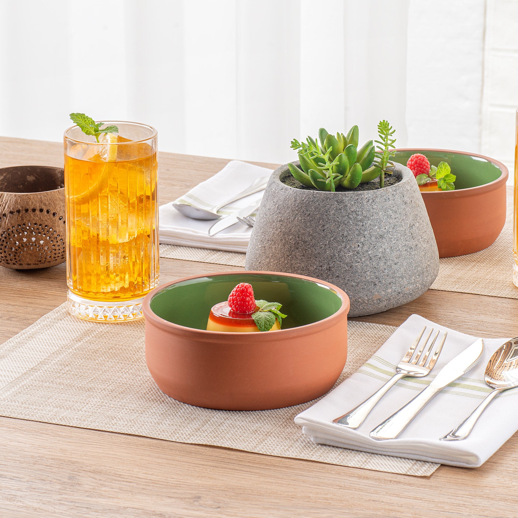 Terra Tek 27 oz Terracotta Cazuela Bowl - Green Glazed Interior, Oven-Safe, Microwave-Safe - 6 1/4'' x 6 1/4'' x 2 1/2'' - 2 count box