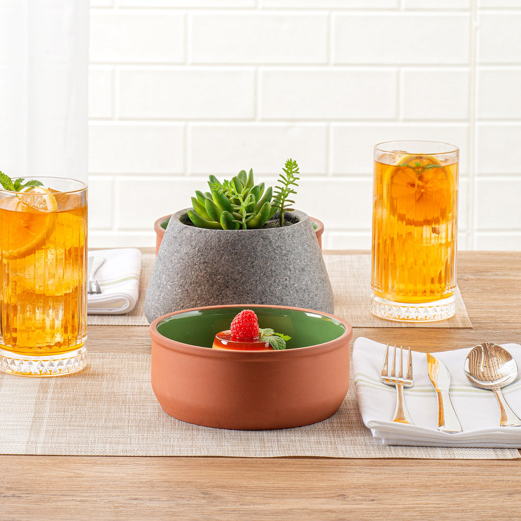 Terra Tek 27 oz Terracotta Cazuela Bowl - Green Glazed Interior, Oven-Safe, Microwave-Safe - 6 1/4'' x 6 1/4'' x 2 1/2'' - 2 count box