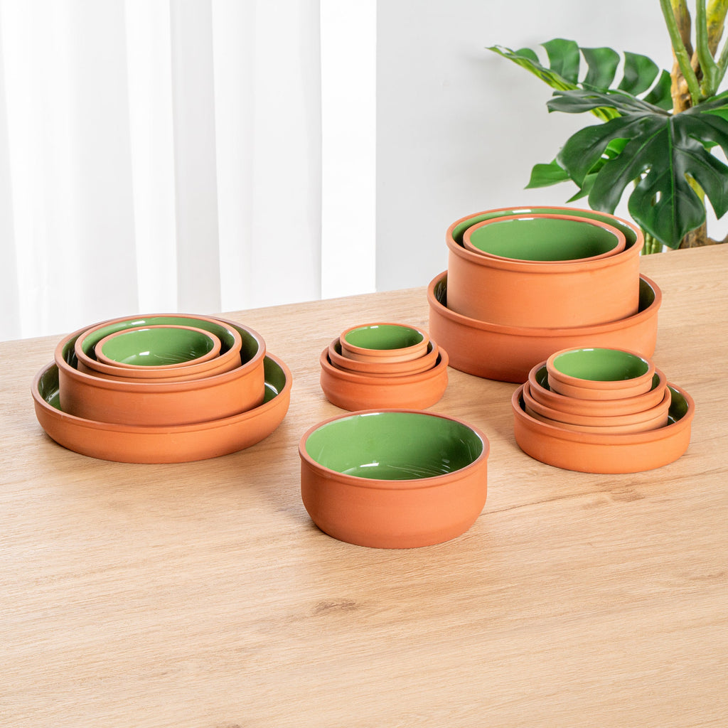 Terra Tek 27 oz Terracotta Cazuela Bowl - Green Glazed Interior, Oven-Safe, Microwave-Safe - 6 1/4'' x 6 1/4'' x 2 1/2'' - 2 count box