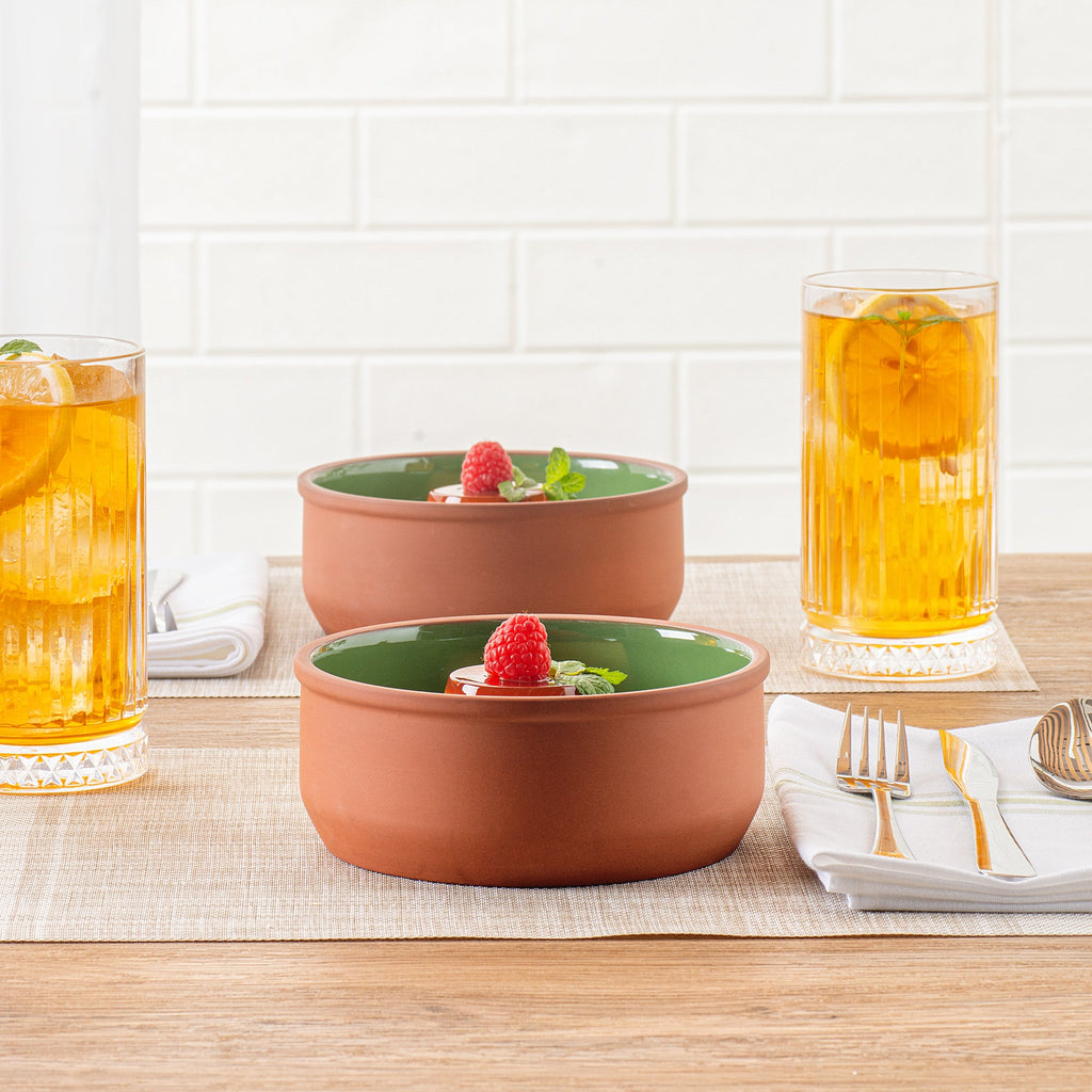 Terra Tek 27 oz Terracotta Cazuela Bowl - Green Glazed Interior, Oven-Safe, Microwave-Safe - 6 1/4'' x 6 1/4'' x 2 1/2'' - 10 count box