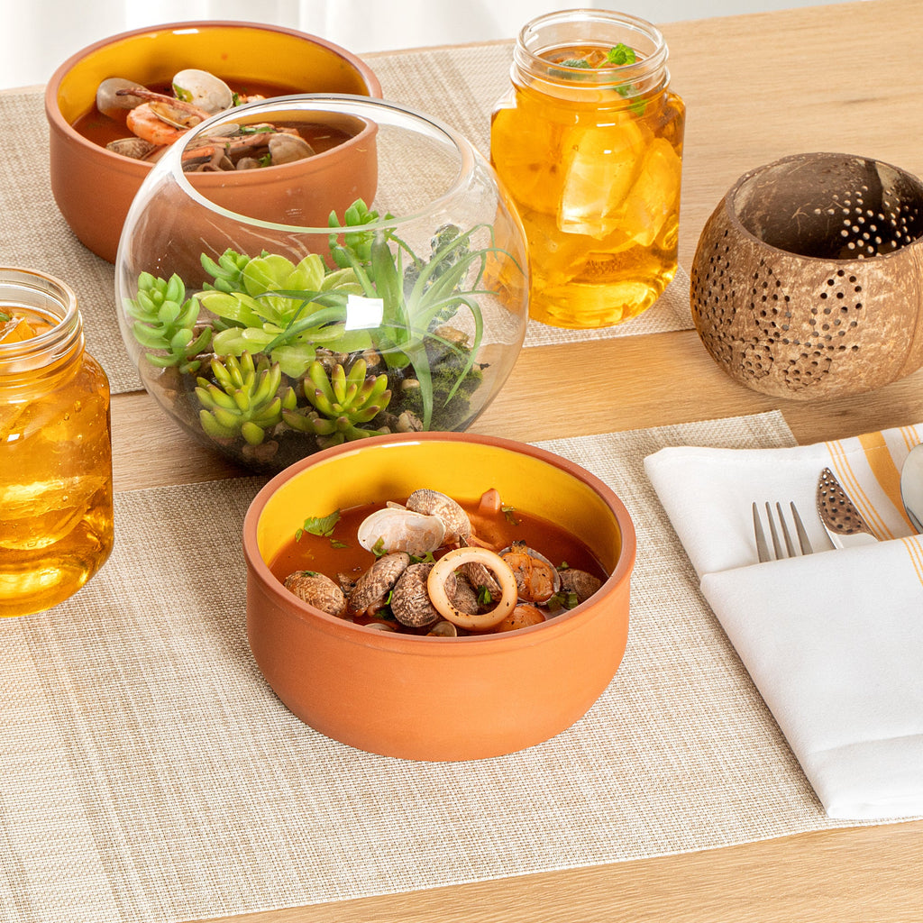 Terra Tek 27 oz Terracotta Cazuela Bowl - Yellow Glazed Interior, Oven-Safe, Microwave-Safe - 6 1/4'' x 6 1/4'' x 2 1/2'' - 2 count box
