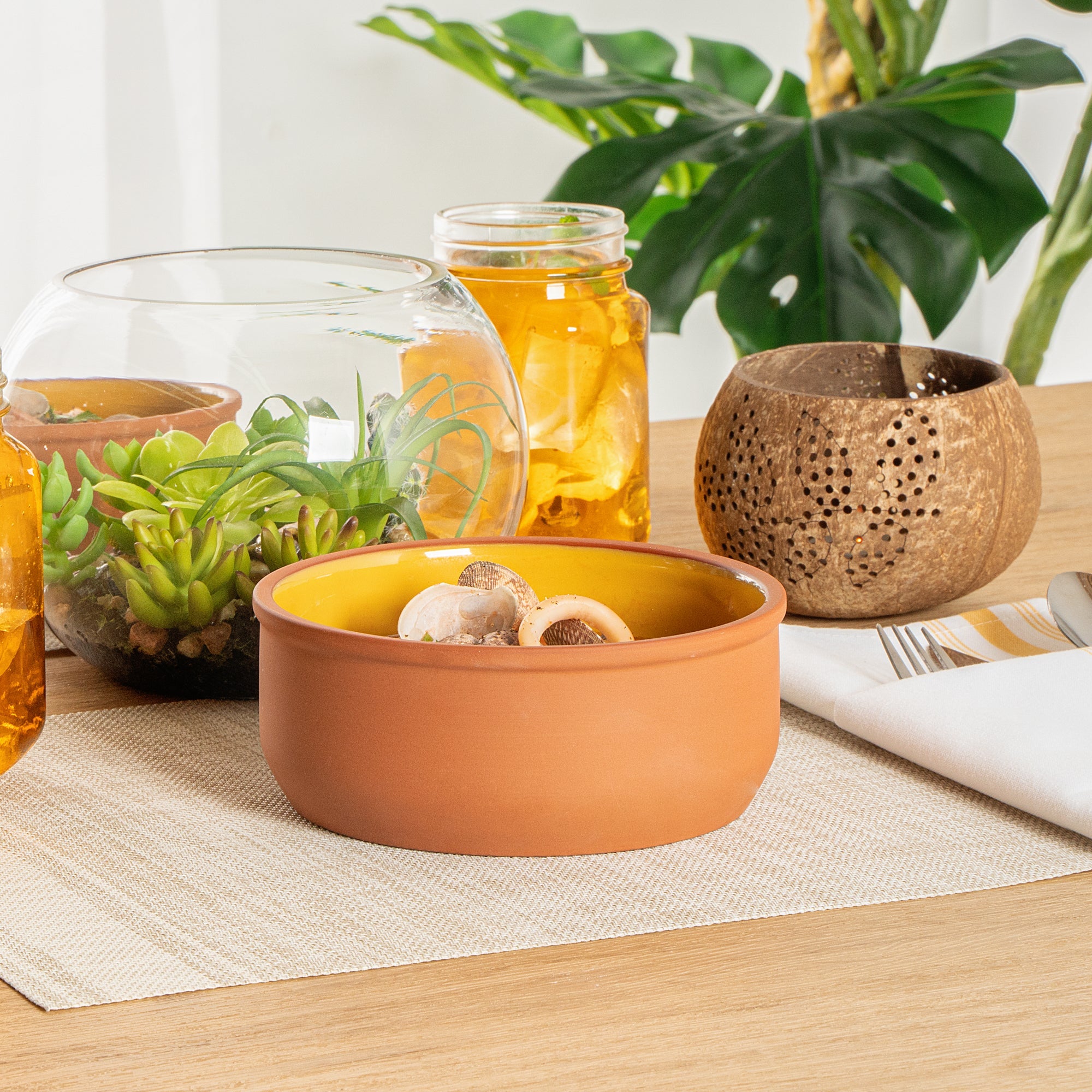 Terra Tek 27 oz Terracotta Cazuela Bowl - Yellow Glazed Interior, Oven-Safe, Microwave-Safe - 6 1/4'' x 6 1/4'' x 2 1/2'' - 2 count box