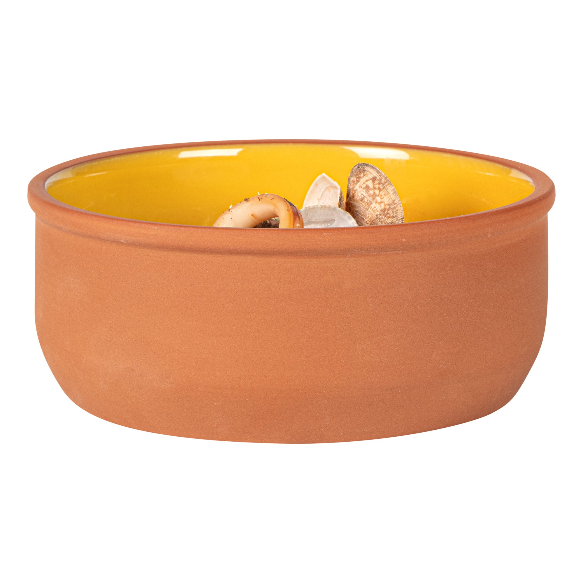Terra Tek 27 oz Terracotta Cazuela Bowl - Yellow Glazed Interior, Oven-Safe, Microwave-Safe - 6 1/4'' x 6 1/4'' x 2 1/2'' - 10 count box