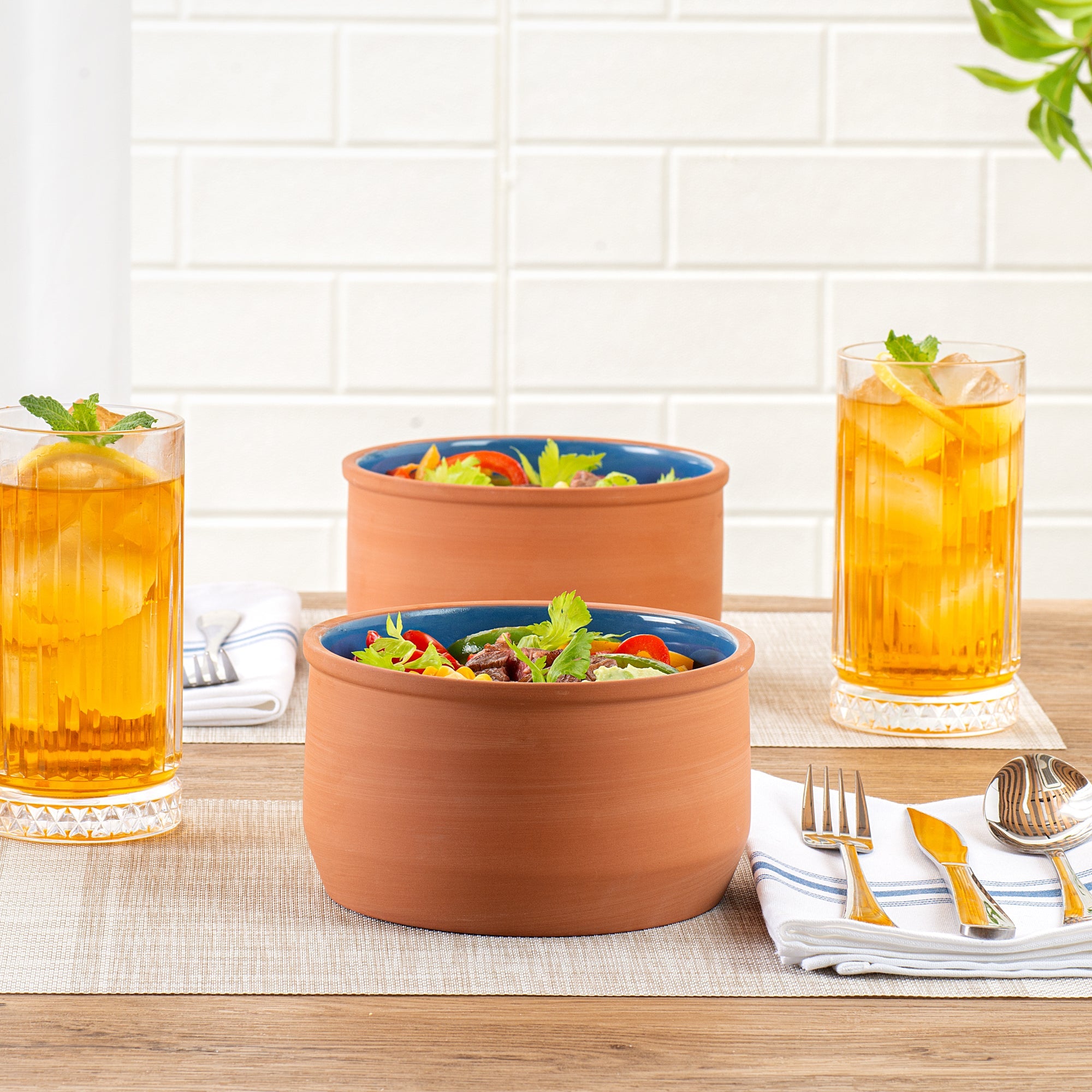 Terra Tek 34 oz Terracotta Cazuela Bowl - Blue Glazed Interior, Oven-Safe, Microwave-Safe - 6 1/4" x 6 1/4" x 3 1/2" - 2 count box