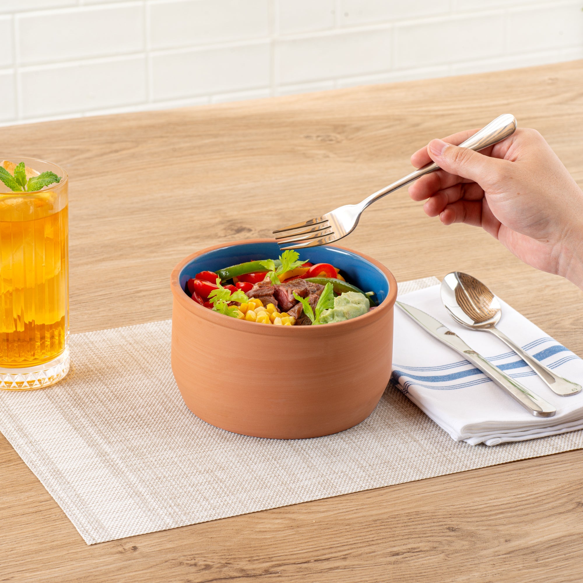 Terra Tek 34 oz Terracotta Cazuela Bowl - Blue Glazed Interior, Oven-Safe, Microwave-Safe - 6 1/4" x 6 1/4" x 3 1/2" - 2 count box