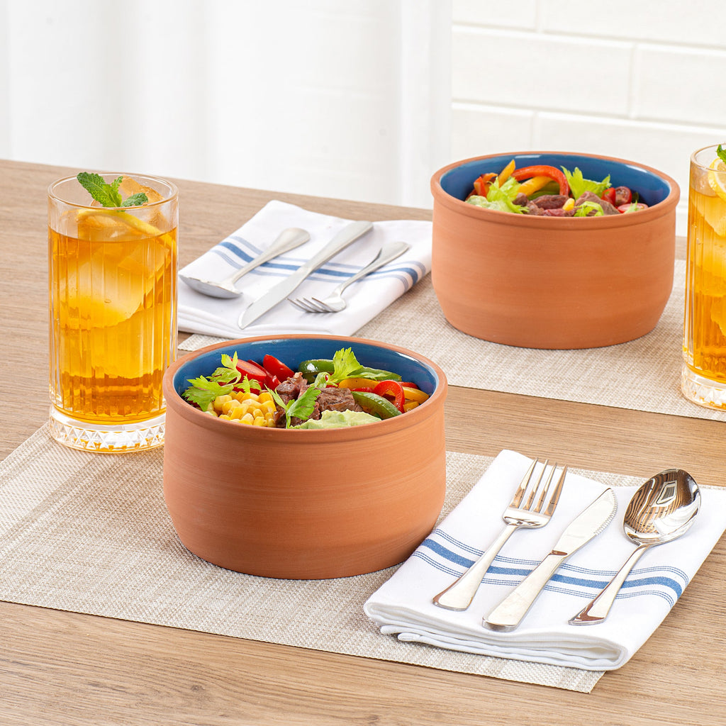 Terra Tek 34 oz Terracotta Cazuela Bowl - Blue Glazed Interior, Oven-Safe, Microwave-Safe - 6 1/4" x 6 1/4" x 3 1/2" - 2 count box