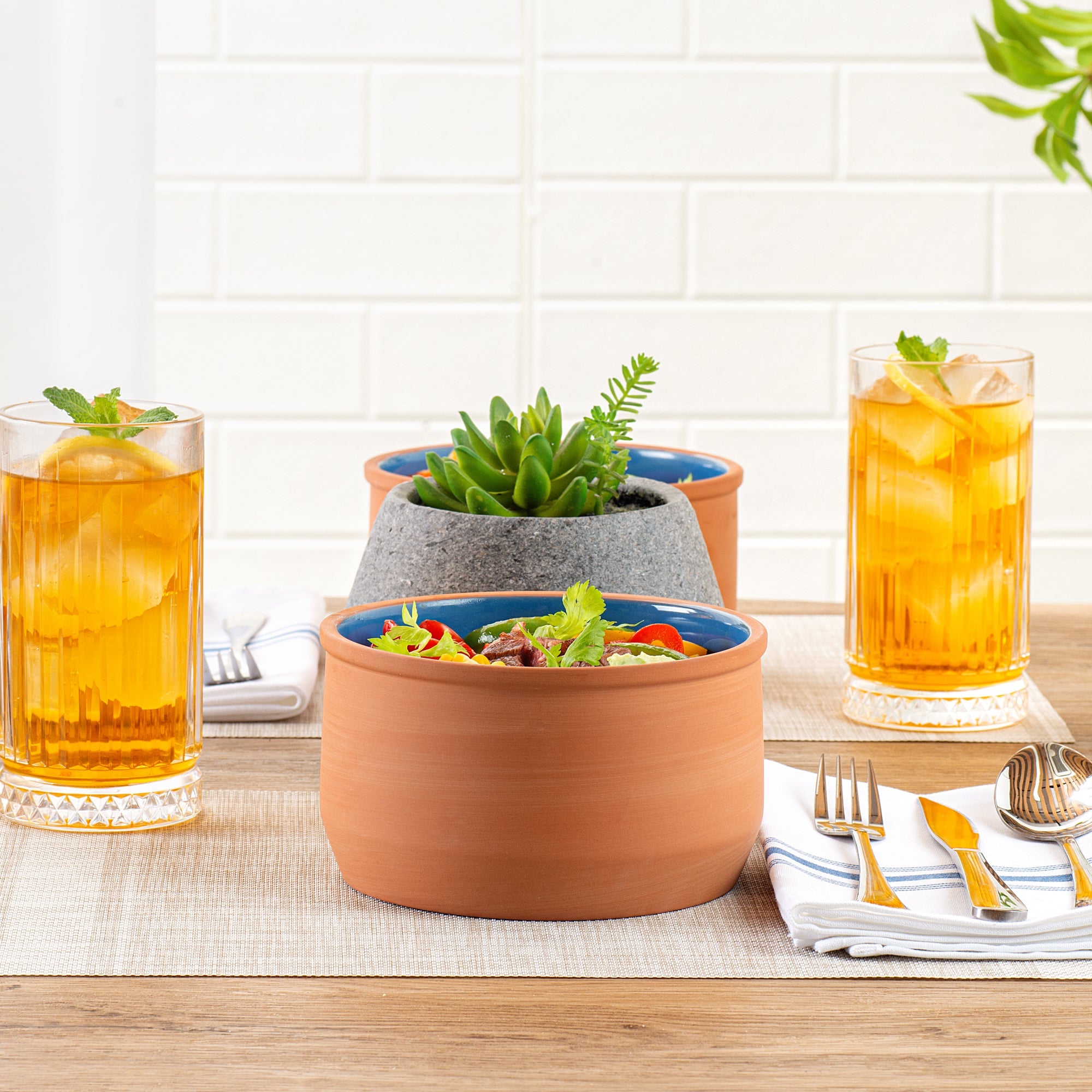 Terra Tek 34 oz Terracotta Cazuela Bowl - Blue Glazed Interior, Oven-Safe, Microwave-Safe - 6 1/4" x 6 1/4" x 3 1/2" - 2 count box