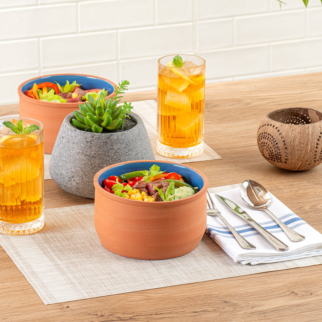 Terra Tek 34 oz Terracotta Cazuela Bowl - Blue Glazed Interior, Oven-Safe, Microwave-Safe - 6 1/4" x 6 1/4" x 3 1/2" - 10 count box