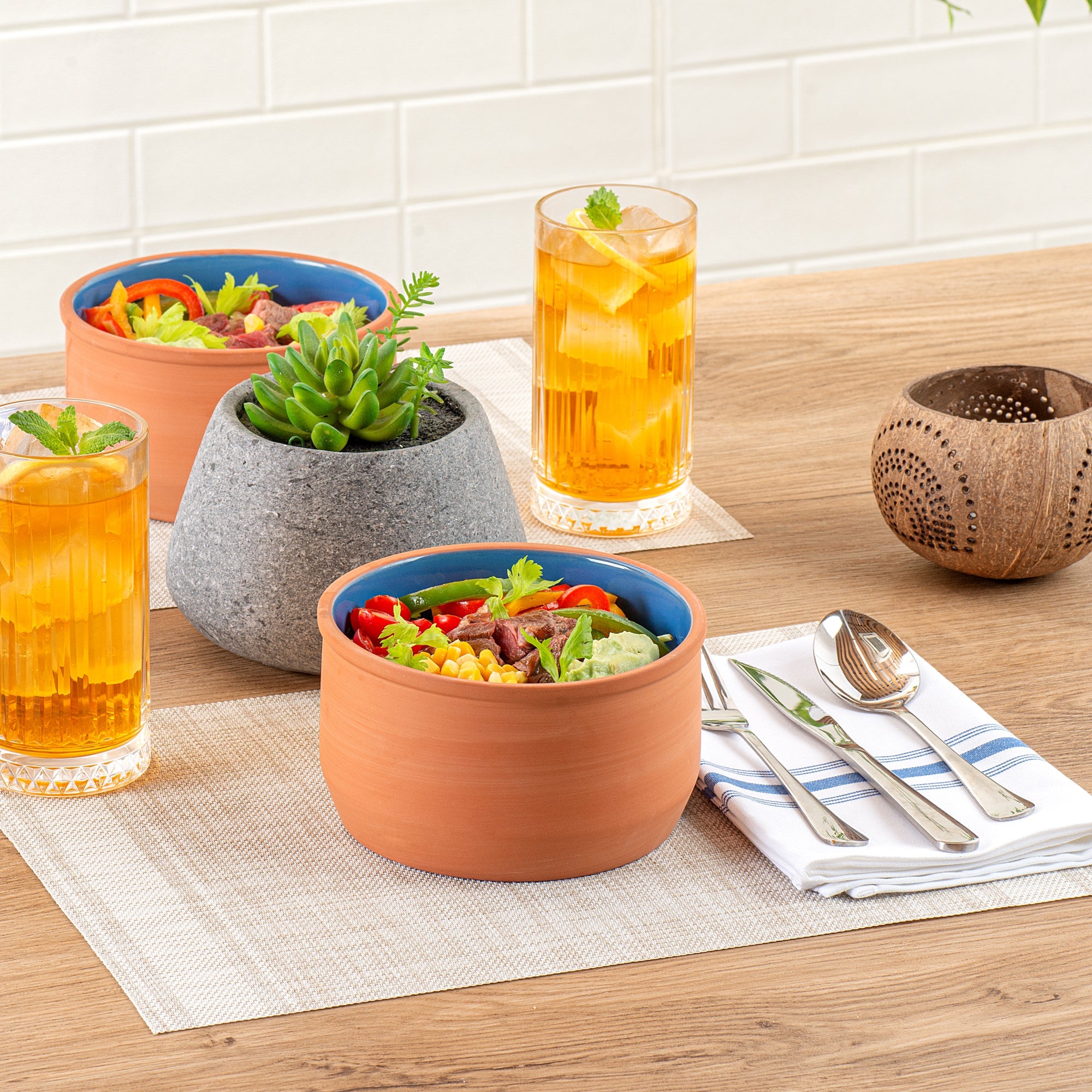 Terra Tek 34 oz Terracotta Cazuela Bowl - Blue Glazed Interior, Oven-Safe, Microwave-Safe - 6 1/4" x 6 1/4" x 3 1/2" - 10 count box