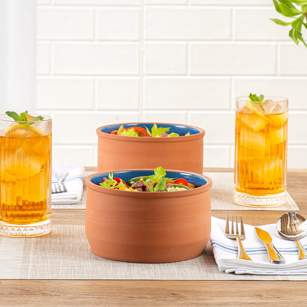 Terra Tek 34 oz Terracotta Cazuela Bowl - Blue Glazed Interior, Oven-Safe, Microwave-Safe - 6 1/4" x 6 1/4" x 3 1/2" - 10 count box