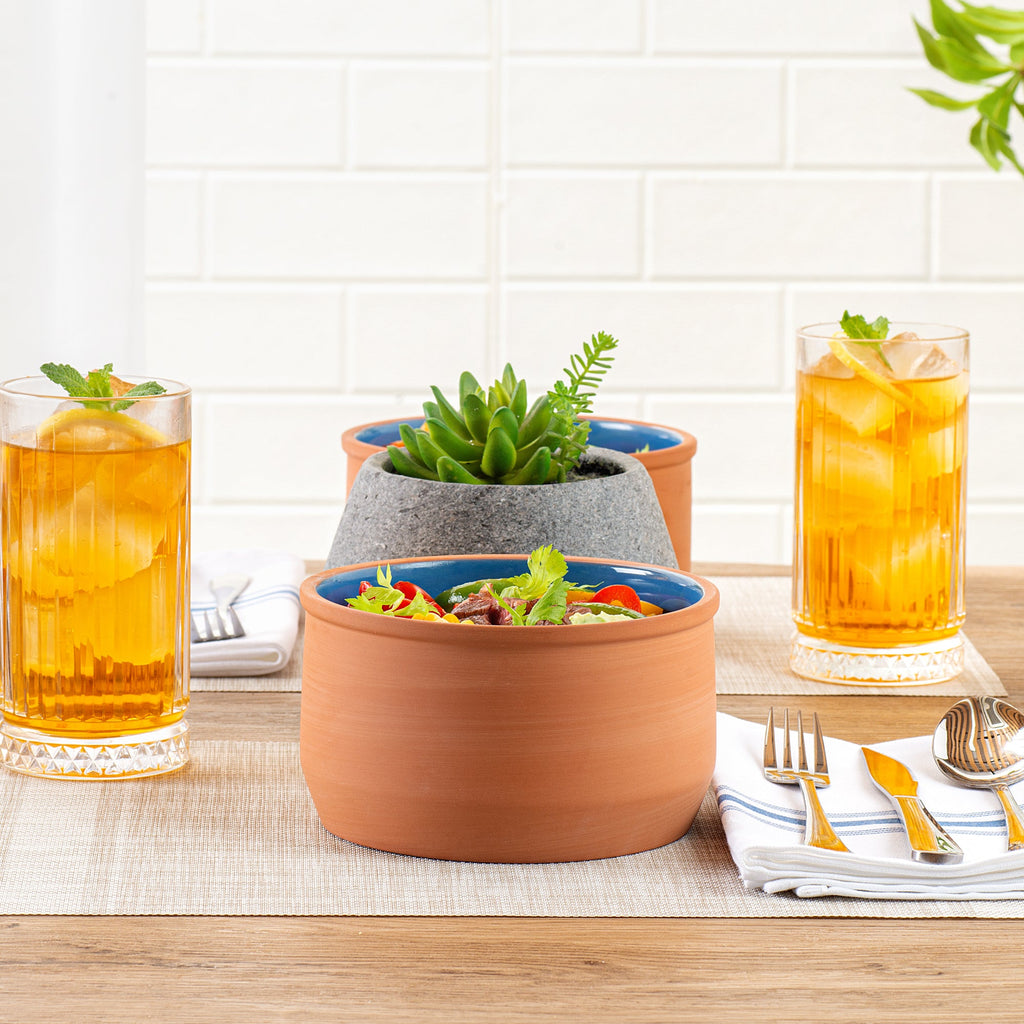 Terra Tek 34 oz Terracotta Cazuela Bowl - Blue Glazed Interior, Oven-Safe, Microwave-Safe - 6 1/4" x 6 1/4" x 3 1/2" - 10 count box