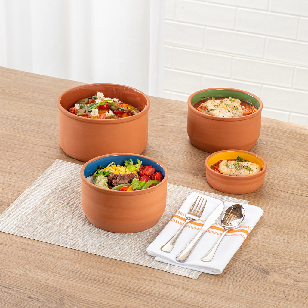 Terra Tek 34 oz Terracotta Cazuela Bowl - Blue Glazed Interior, Oven-Safe, Microwave-Safe - 6 1/4" x 6 1/4" x 3 1/2" - 10 count box