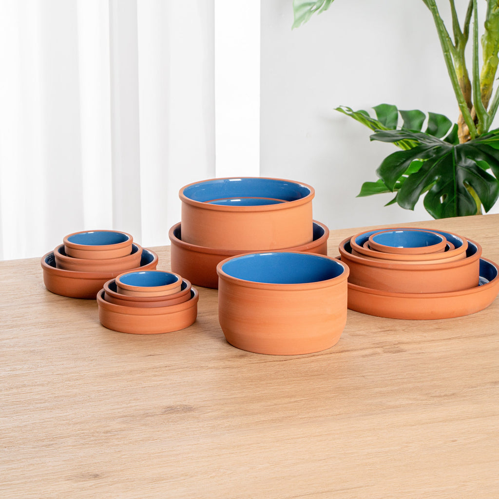 Terra Tek 34 oz Terracotta Cazuela Bowl - Blue Glazed Interior, Oven-Safe, Microwave-Safe - 6 1/4" x 6 1/4" x 3 1/2" - 10 count box