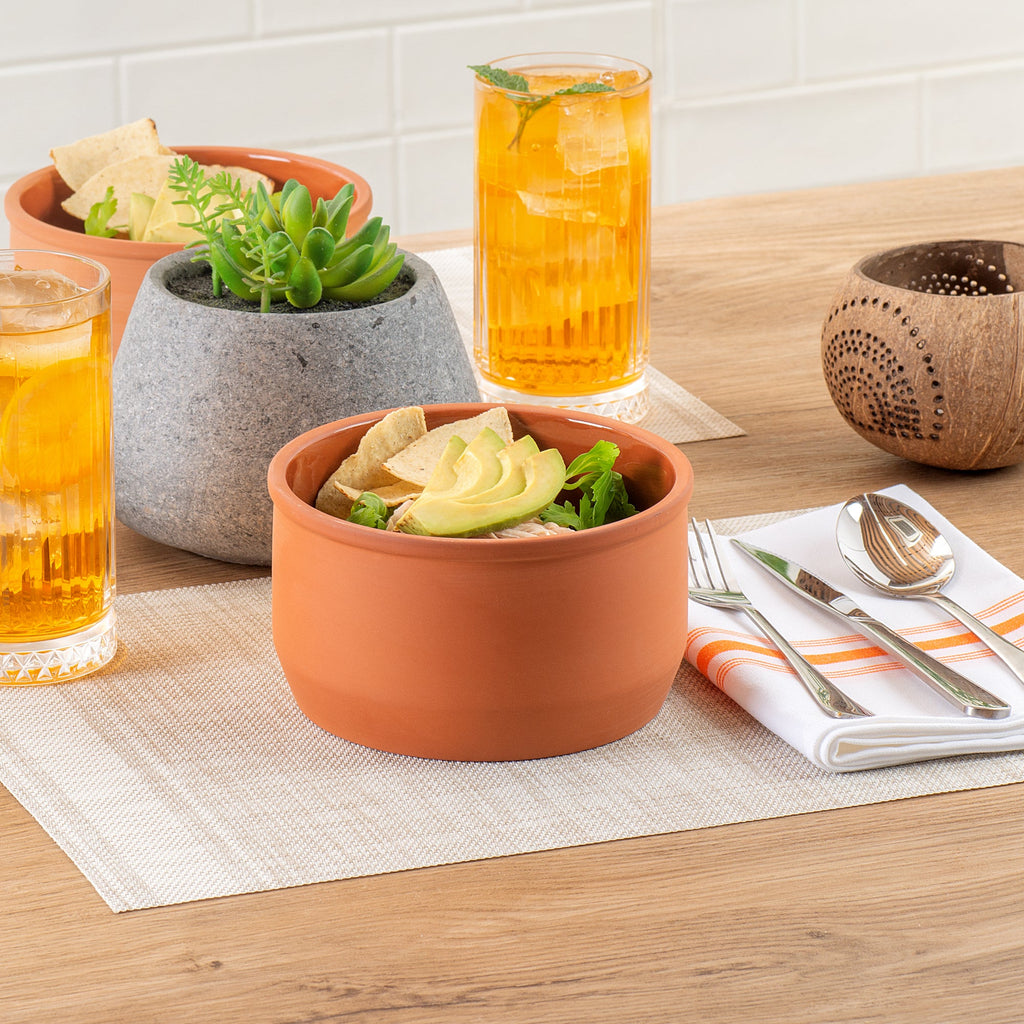 Terra Tek 34 oz Terracotta Cazuela Bowl - Brown Glazed Interior, Oven-Safe, Microwave-Safe - 6 1/4" x 6 1/4" x 3 1/2" - 10 count box