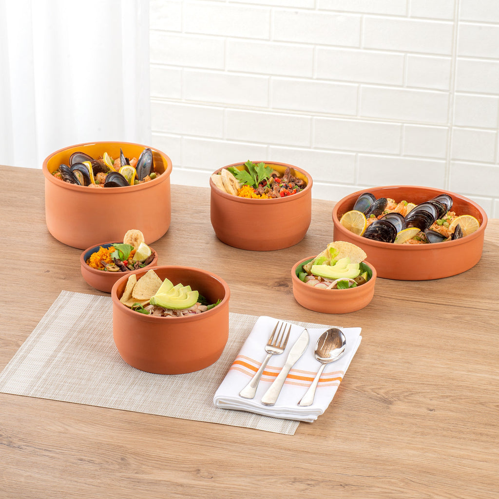 Terra Tek 34 oz Terracotta Cazuela Bowl - Brown Glazed Interior, Oven-Safe, Microwave-Safe - 6 1/4" x 6 1/4" x 3 1/2" - 10 count box