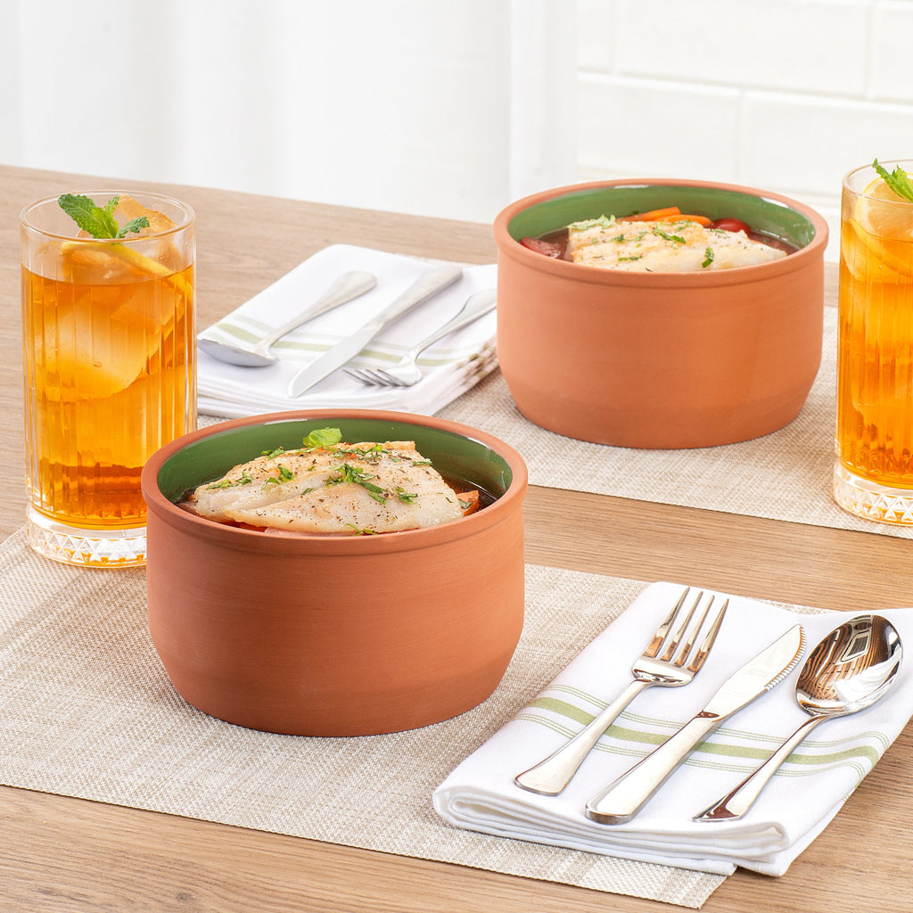 Terra Tek 34 oz Terracotta Cazuela Bowl - Green Glazed Interior, Oven-Safe, Microwave-Safe - 6 1/4" x 6 1/4" x 3 1/2" - 2 count box