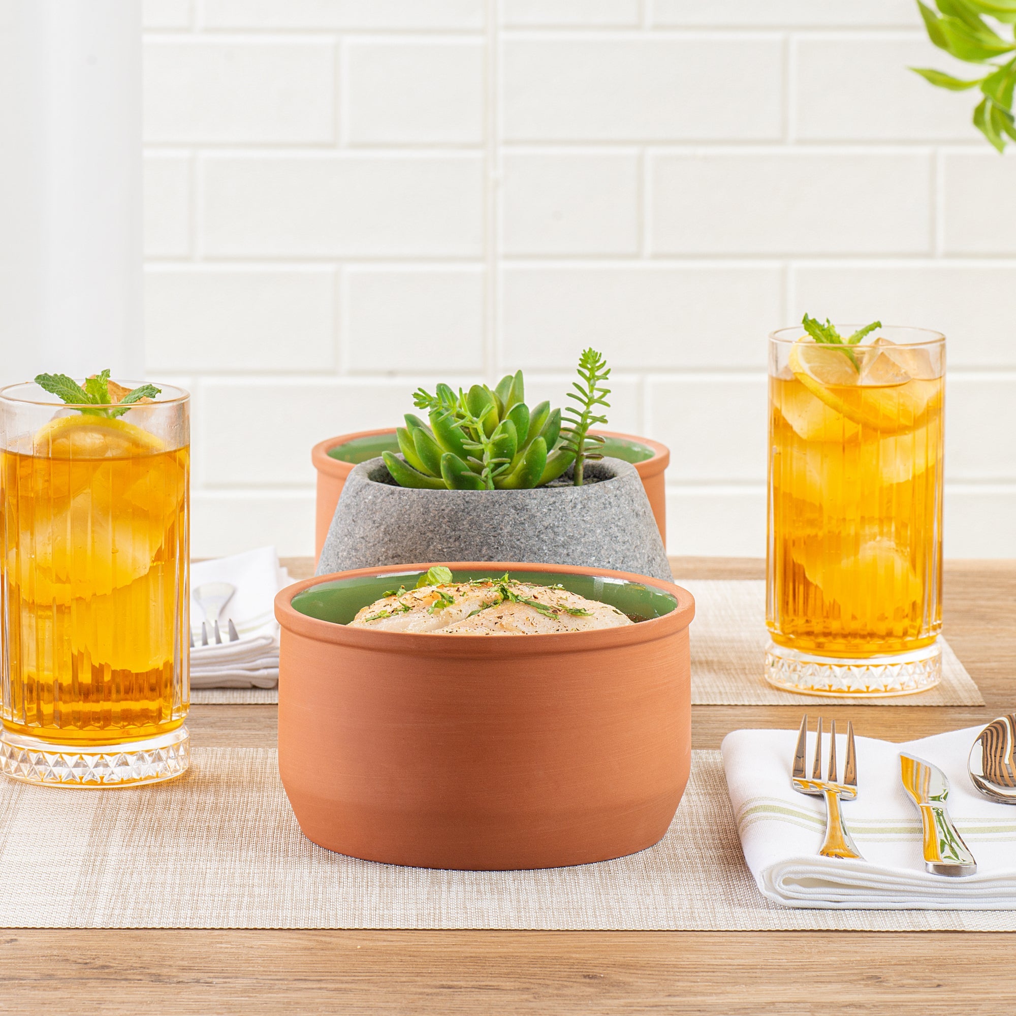 Terra Tek 34 oz Terracotta Cazuela Bowl - Green Glazed Interior, Oven-Safe, Microwave-Safe - 6 1/4" x 6 1/4" x 3 1/2" - 2 count box