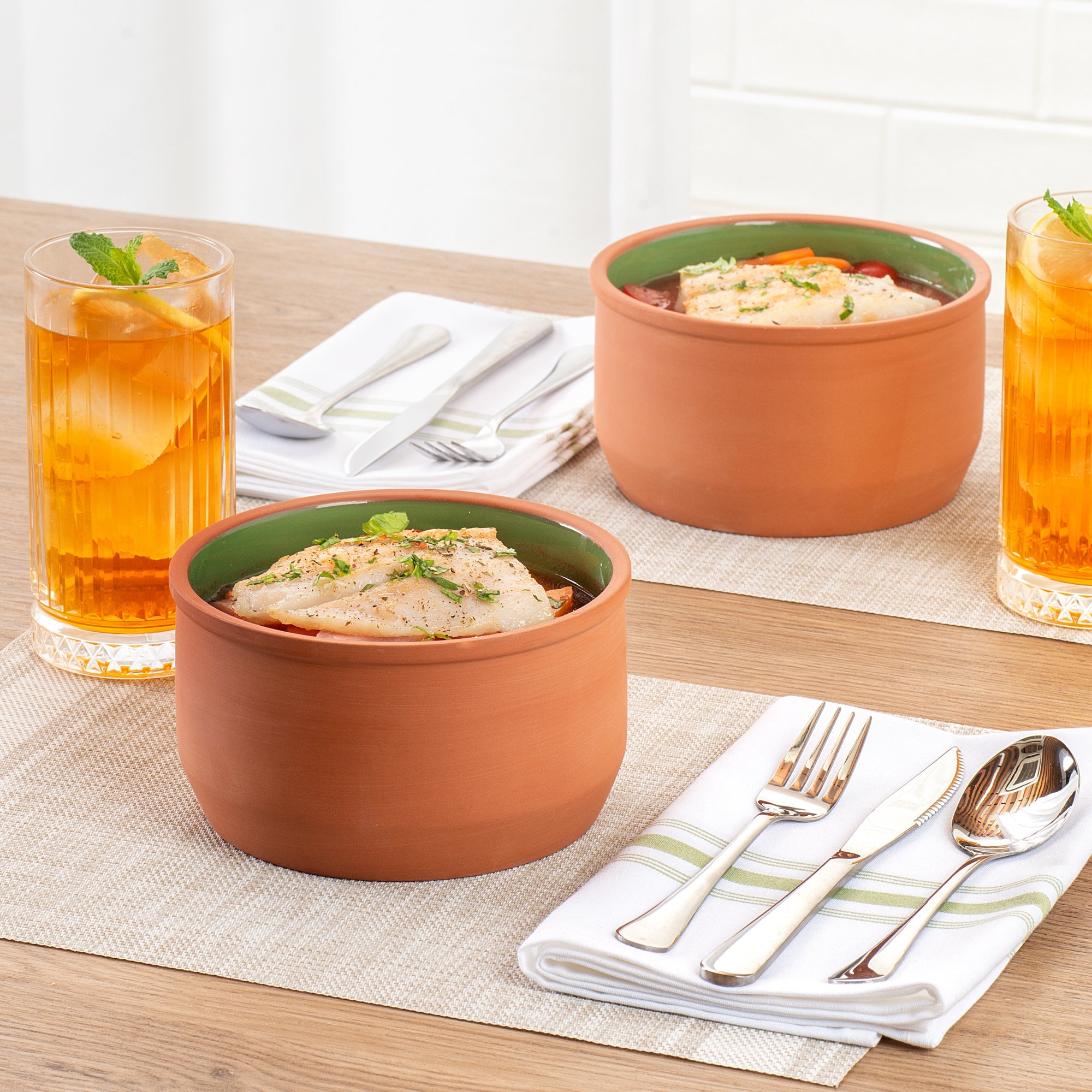 Terra Tek 34 oz Terracotta Cazuela Bowl - Green Glazed Interior, Oven-Safe, Microwave-Safe - 6 1/4" x 6 1/4" x 3 1/2" - 10 count box