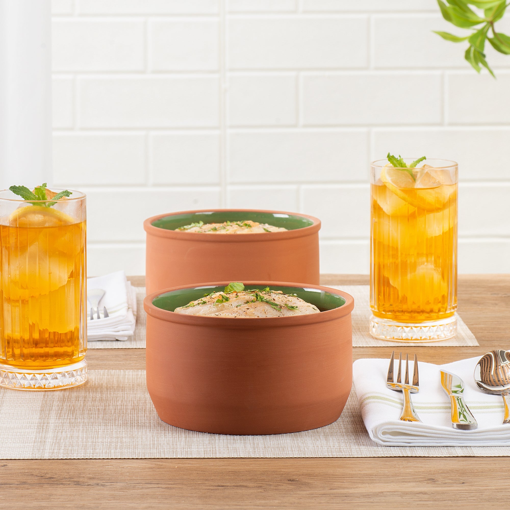 Terra Tek 34 oz Terracotta Cazuela Bowl - Green Glazed Interior, Oven-Safe, Microwave-Safe - 6 1/4" x 6 1/4" x 3 1/2" - 10 count box