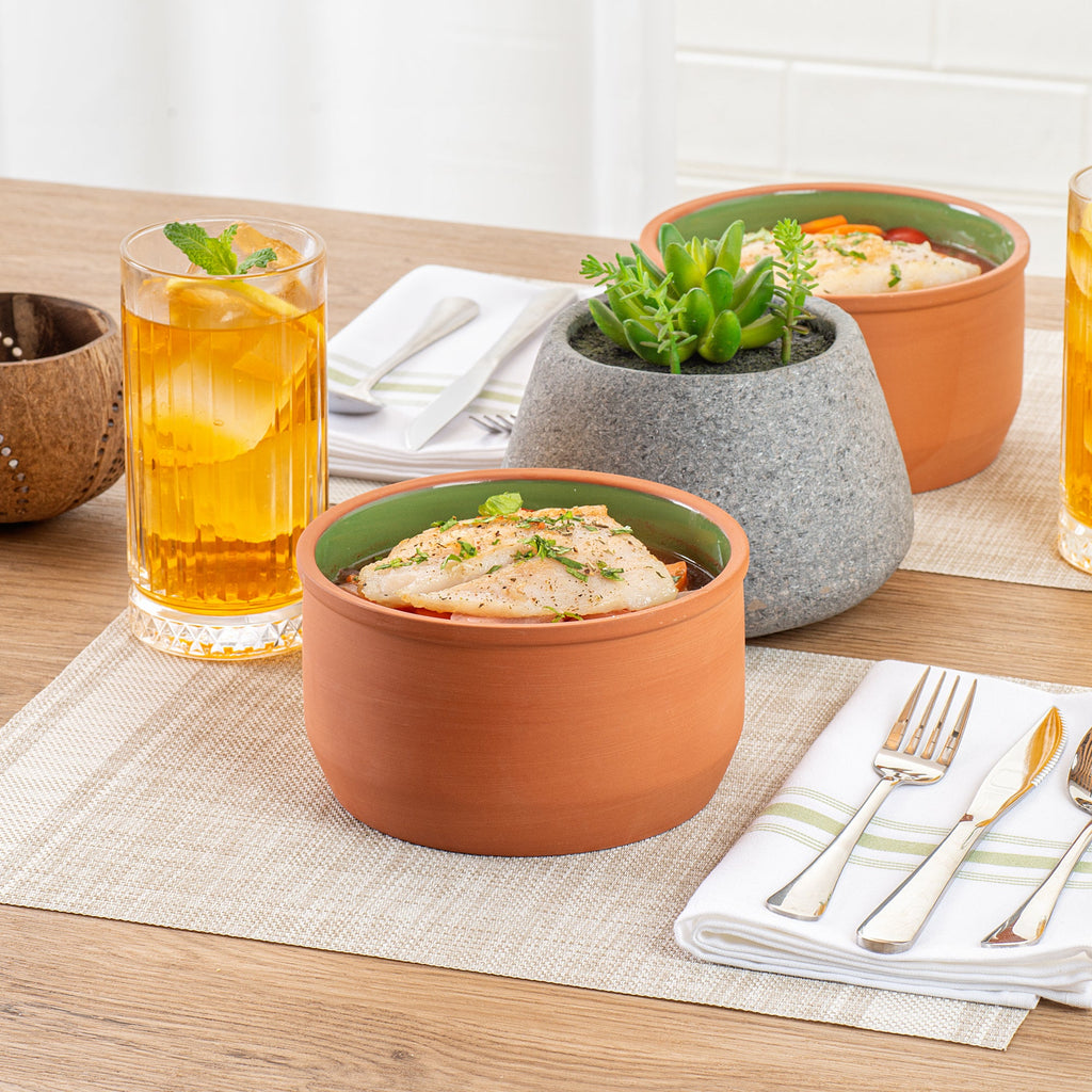 Terra Tek 34 oz Terracotta Cazuela Bowl - Green Glazed Interior, Oven-Safe, Microwave-Safe - 6 1/4" x 6 1/4" x 3 1/2" - 10 count box