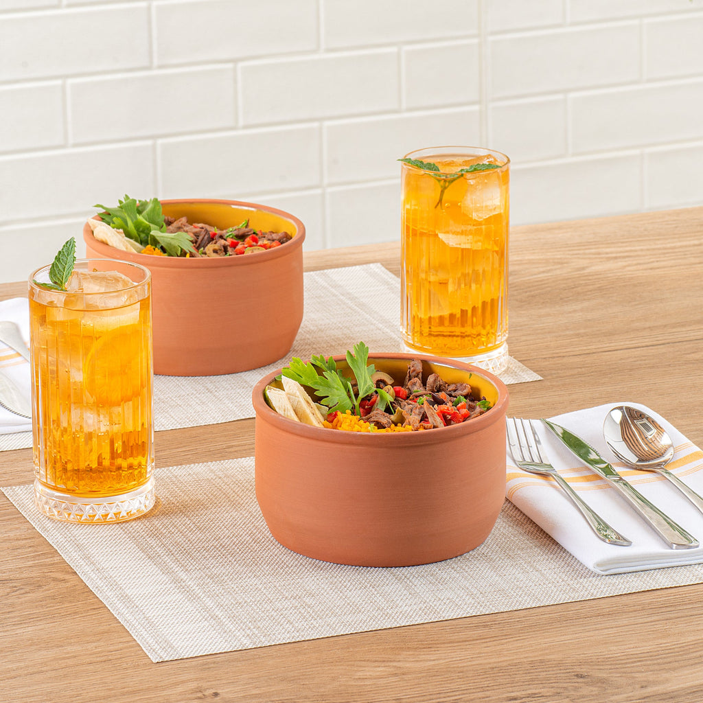Terra Tek 34 oz Terracotta Cazuela Bowl - Yellow Glazed Interior, Oven-Safe, Microwave-Safe - 6 1/4" x 6 1/4" x 3 1/2" - 10 count box