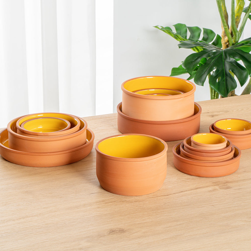 Terra Tek 34 oz Terracotta Cazuela Bowl - Yellow Glazed Interior, Oven-Safe, Microwave-Safe - 6 1/4" x 6 1/4" x 3 1/2" - 10 count box