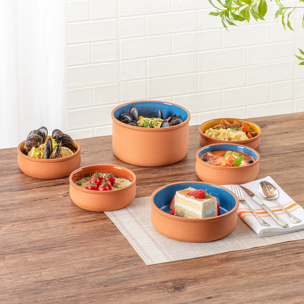 Terra Tek 34 oz Terracotta Cazuela Bowl - Blue Glazed Interior, Oven-Safe, Microwave-Safe - 7 1/2'' x 7 1/2'' x 2 1/4'' - 2 count box
