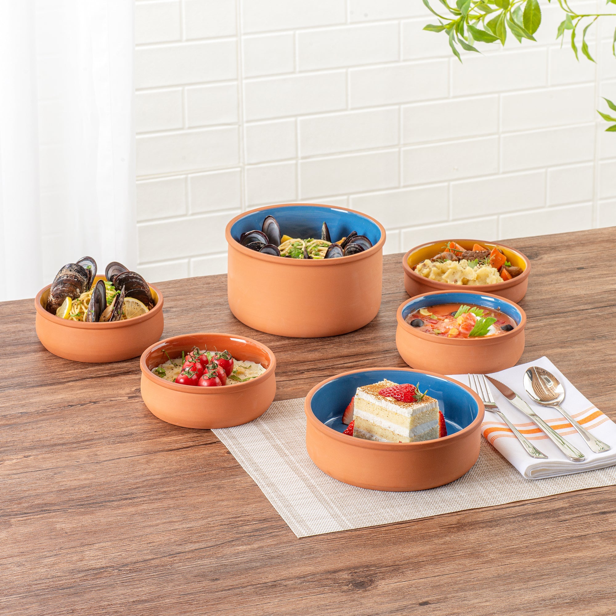 Terra Tek 34 oz Terracotta Cazuela Bowl - Blue Glazed Interior, Oven-Safe, Microwave-Safe - 7 1/2'' x 7 1/2'' x 2 1/4'' - 2 count box