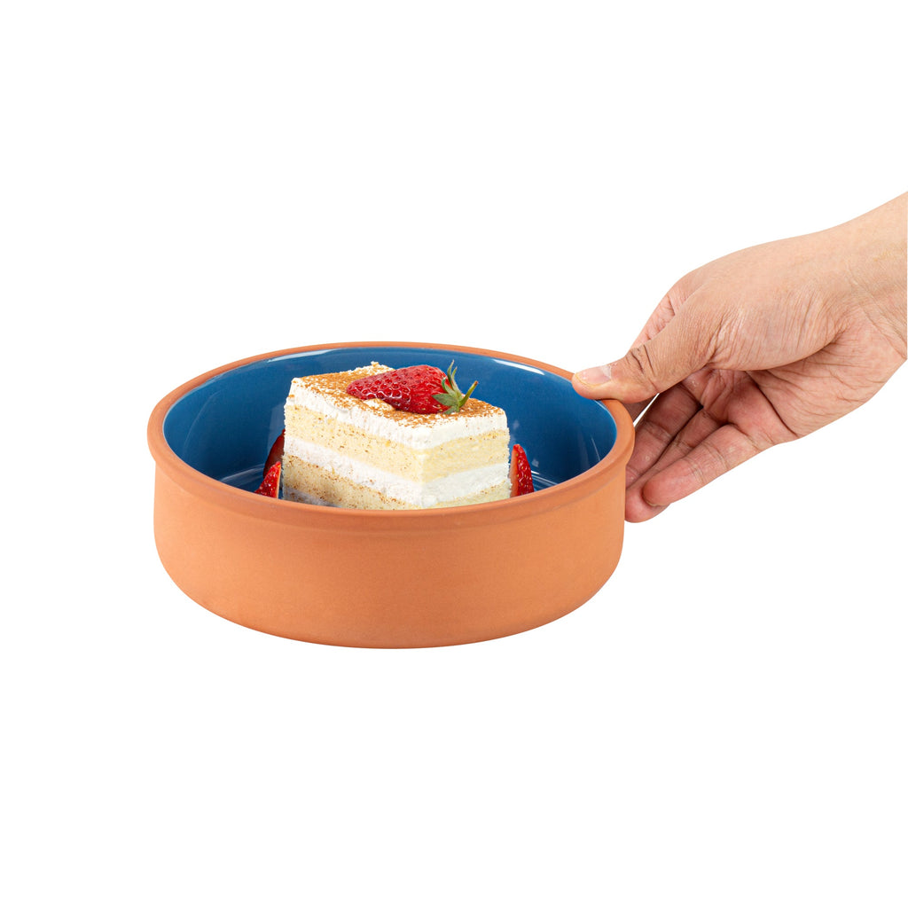 Terra Tek 34 oz Terracotta Cazuela Bowl - Blue Glazed Interior, Oven-Safe, Microwave-Safe - 7 1/2'' x 7 1/2'' x 2 1/4'' - 10 count box