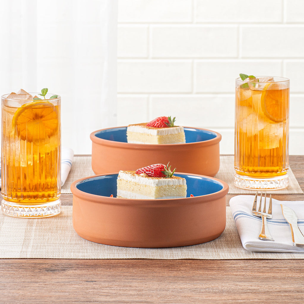 Terra Tek 34 oz Terracotta Cazuela Bowl - Blue Glazed Interior, Oven-Safe, Microwave-Safe - 7 1/2'' x 7 1/2'' x 2 1/4'' - 10 count box