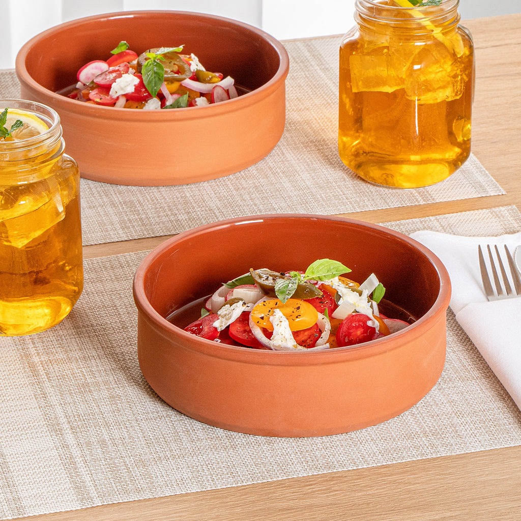 Terra Tek 34 oz Terracotta Cazuela Bowl - Brown Glazed Interior, Oven-Safe, Microwave-Safe - 7 1/2'' x 7 1/2'' x 2 1/4'' - 2 count box